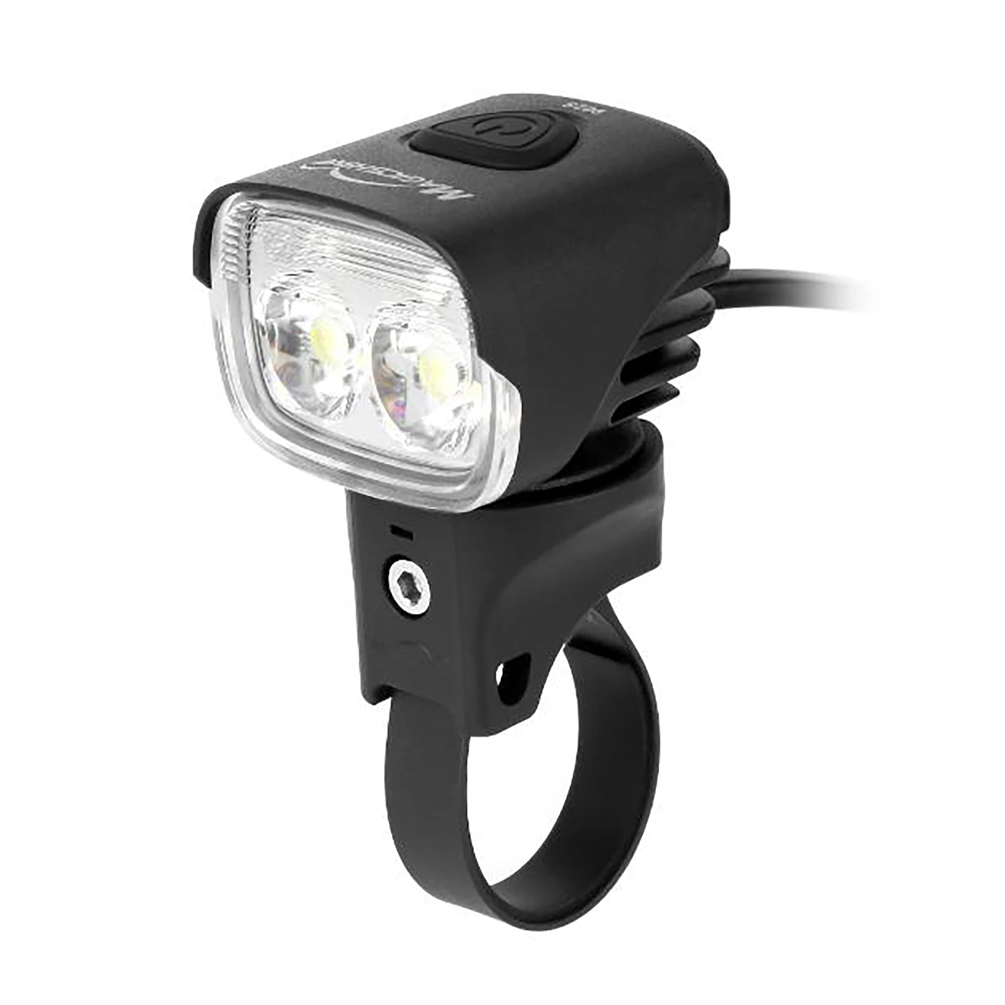Magicshine MJ 902S E-Bike front light mounted on handlebar, LED bicycle accessory for improved visibility and safety.
