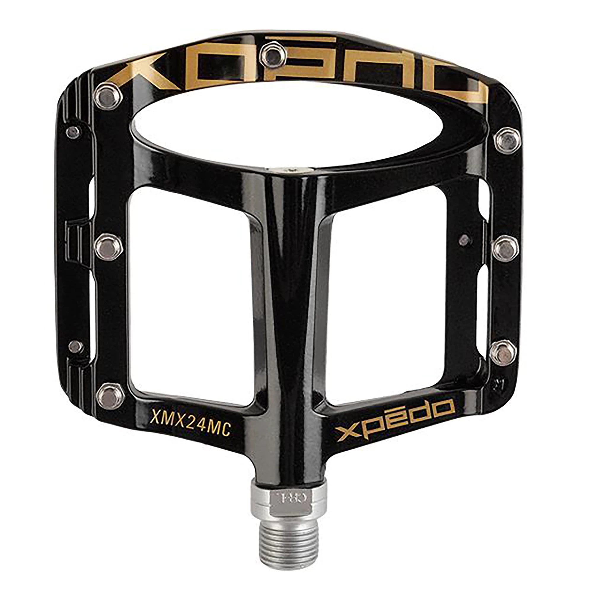 Xpedo Spry platform bike pedals with silver body and black traction pins, designed for cycling parts and durability.