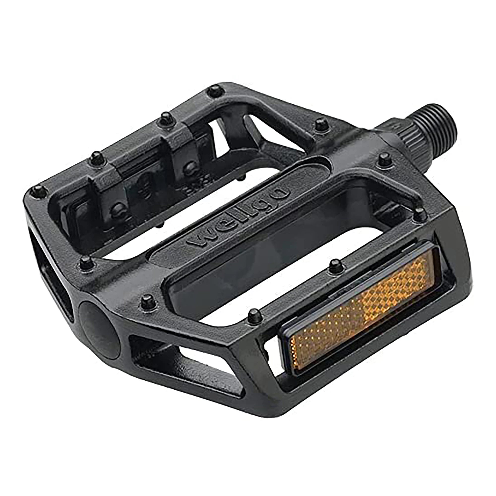 Wellgo alloy BMX platform pedals with textured surface and metal pins for enhanced grip, designed for BMX bike riding.