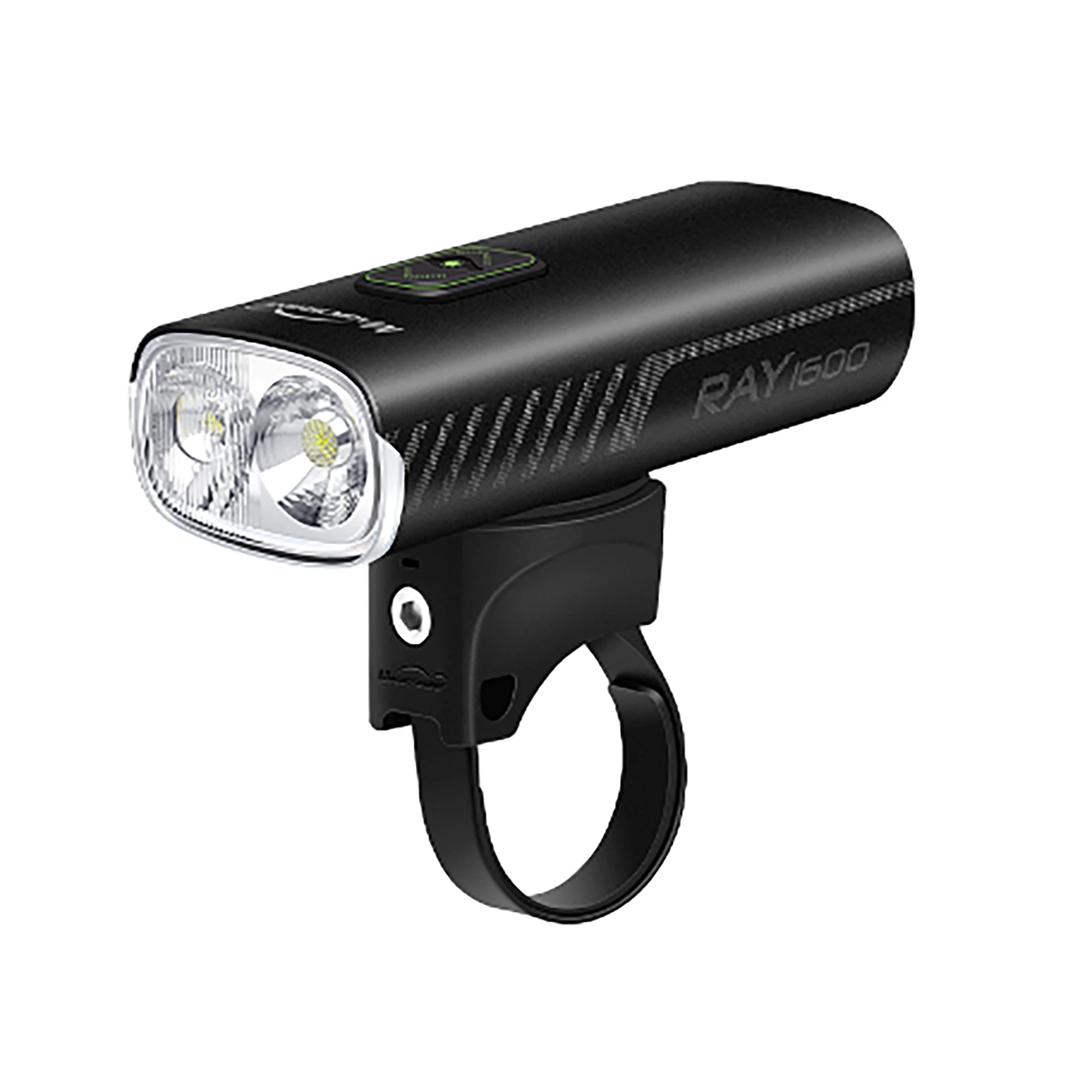 Magicshine Ray 1600 USB front bike light mounted on handlebars, showing bright LED illumination and compact design.