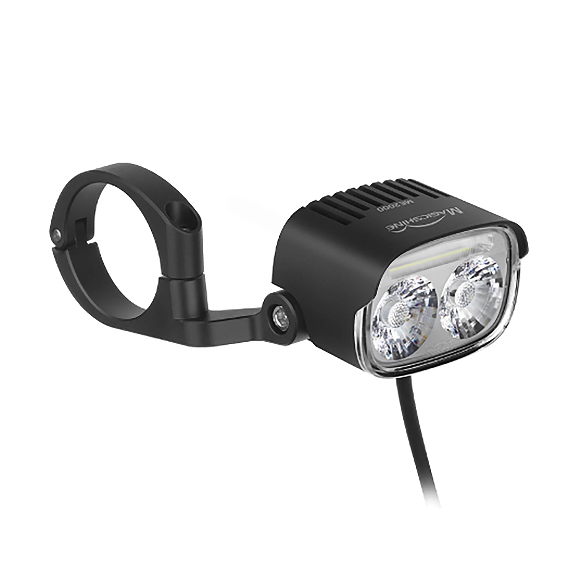 Magicshine ME 2000 E-Bike front light mounted on bike handlebar, showcasing bright LED illumination for cycling safety and visibility.