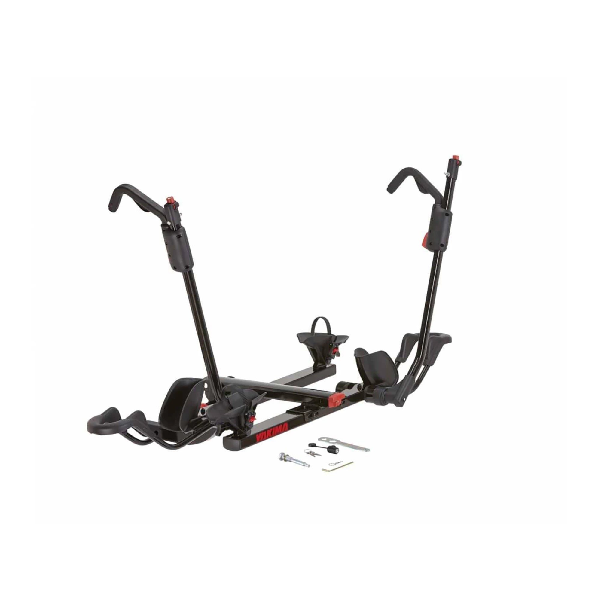 Yakima HoldUp 2 Bike Hitch Platform Carrier showing two bikes secured on a durable hitch rack attachment.