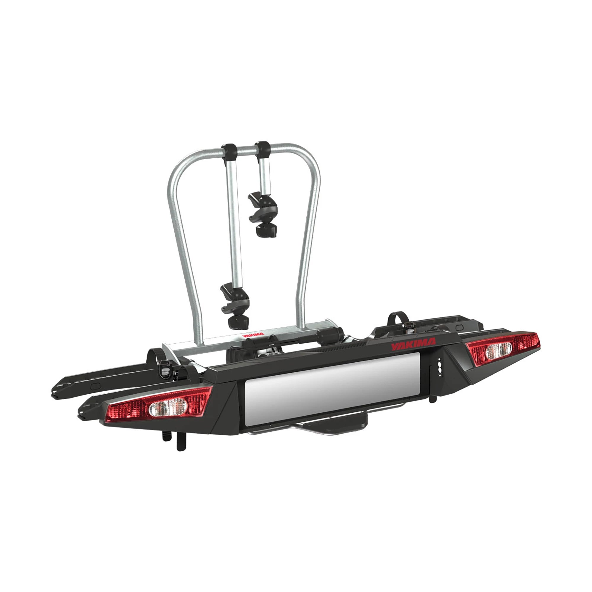 Yakima FoldClick 2 bike towball platform carrier attached to a vehicle, showcasing its compact folding design and sturdy construction.