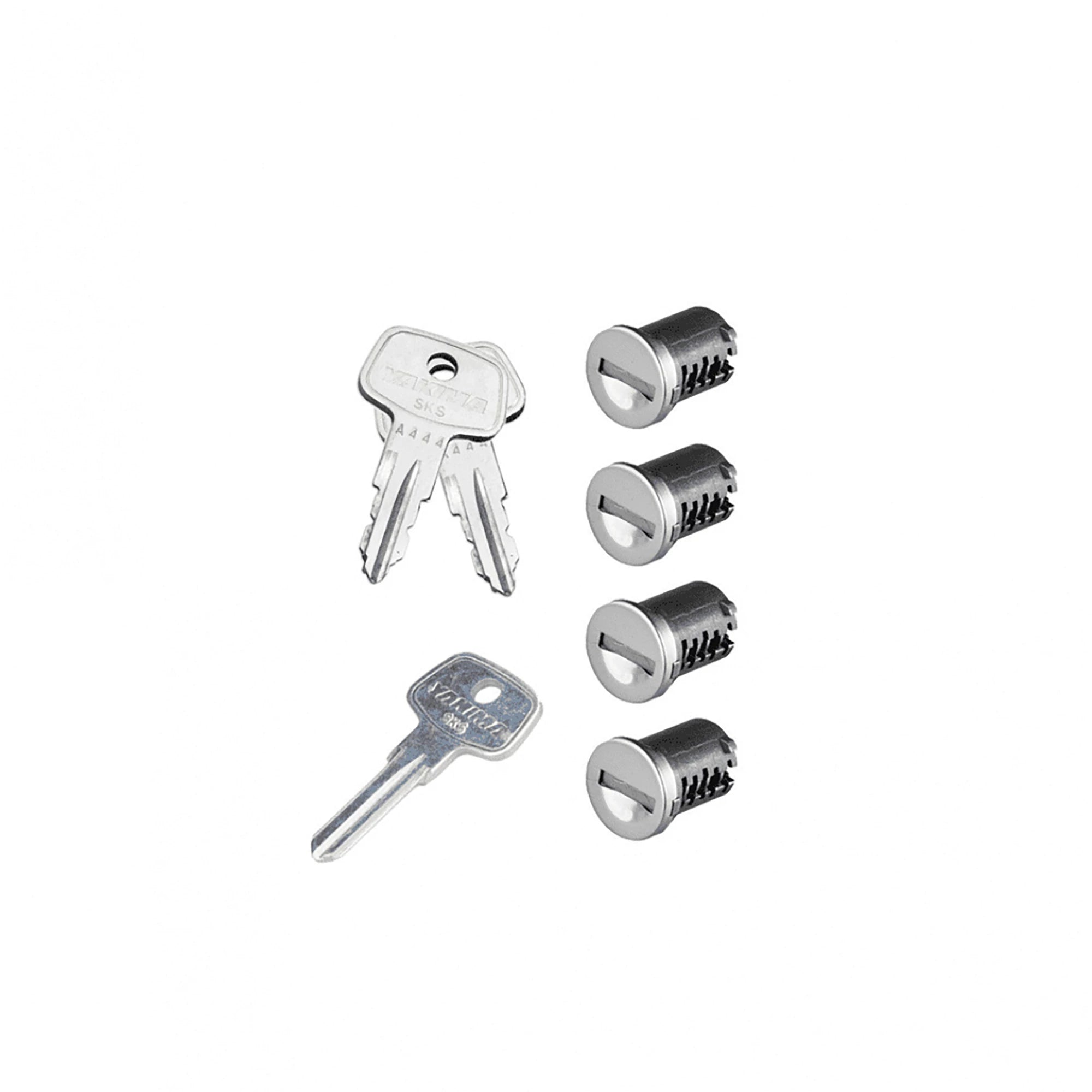 Yakima SKS Lock Cores for bike rack accessories, showing the small cylindrical lock components with key slots.