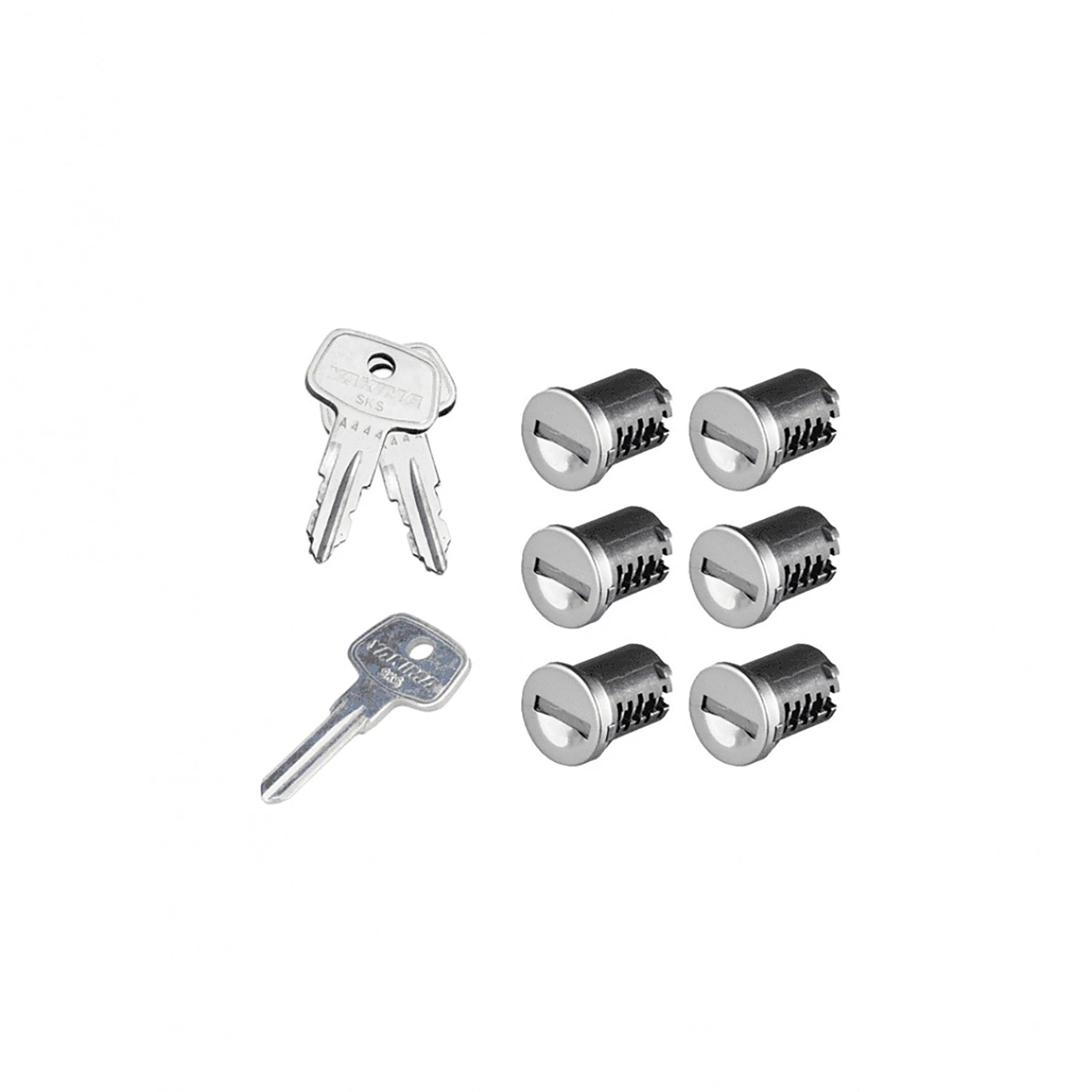 Yakima SKS Lock Cores accessory set featuring multiple lock cores with key, designed for securing Yakima roof rack systems.