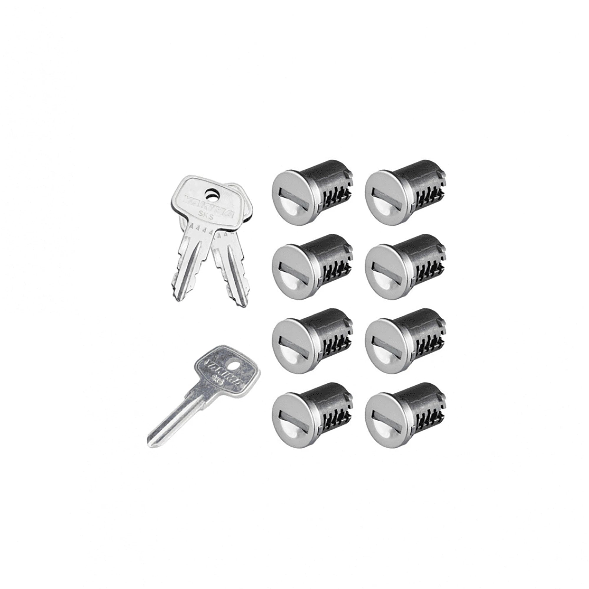 Yakima SKS lock cores for bike rack accessories, showing a set of small cylindrical lock cylinders with keys.