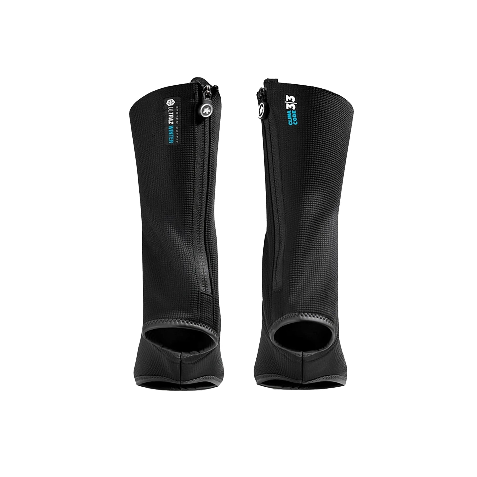 Assos RS Rain Shoecovers for winter cycling, waterproof and windproof, shown in black with reflective accents for visibility.