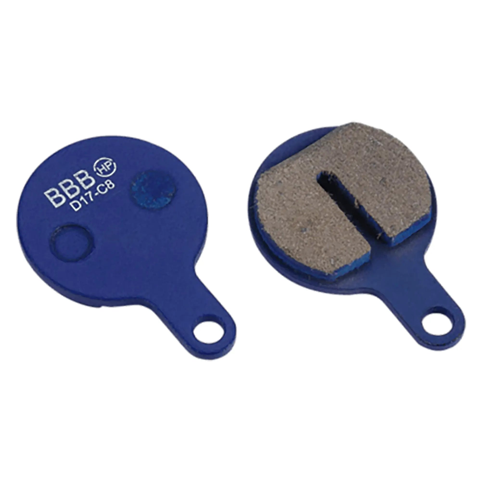 BBB Discstop BBS-76 disc brake pads for bicycle, close-up of brake pad set with metal backing and friction surface.