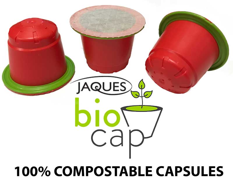 Three Jaques Australian Coffee BioCaps capsules for Nespresso machines, featuring the Jaques BioCaps logo on the packaging.