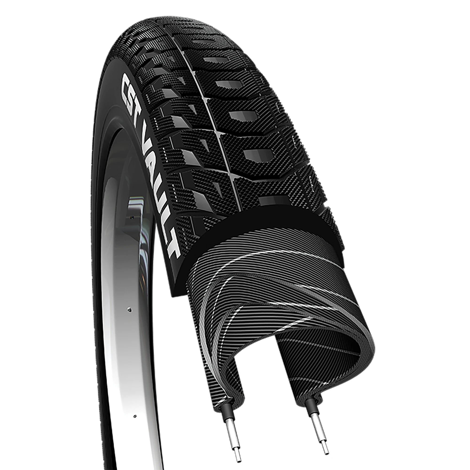 CST Vault Wirebead BMX tire made of durable rubber with a sleek tread pattern for BMX riding.