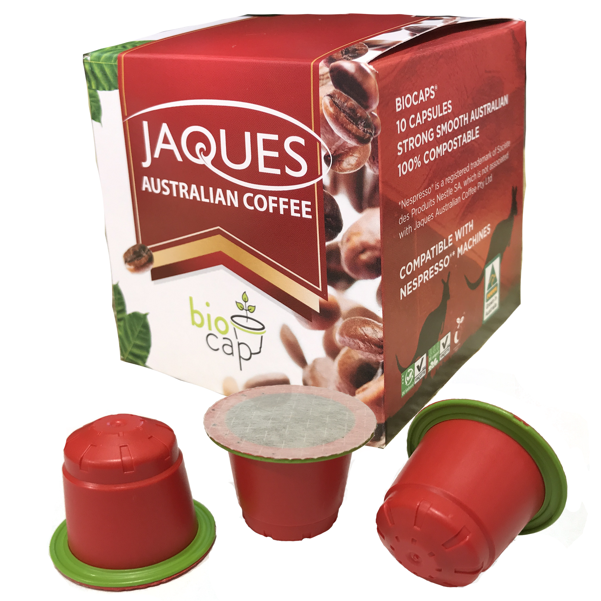 Box of Jaques BioCaps coffee capsules for Nespresso by Jaques Australian Coffee, featuring a white box with capsules inside.