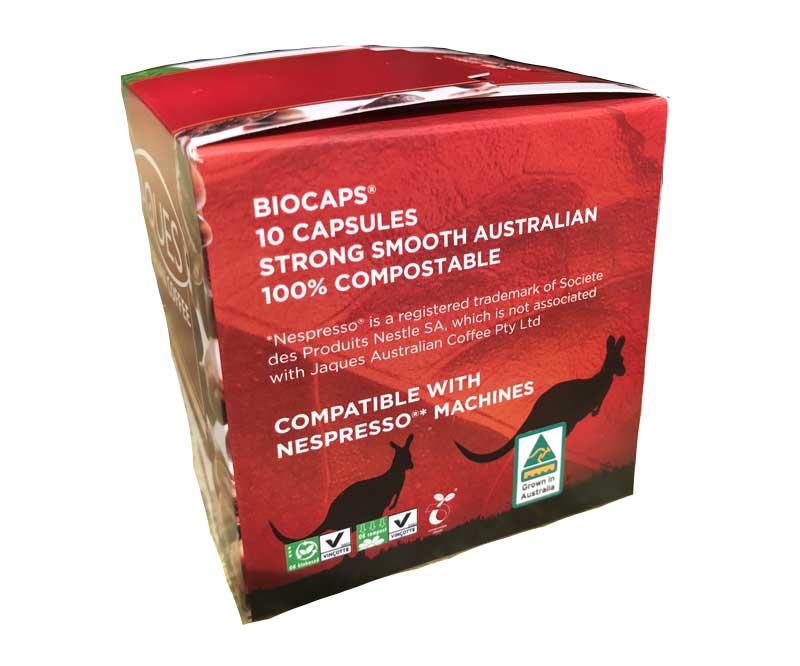Side view of Jaques BioCaps coffee capsules for Nespresso by Jaques Australian Coffee, showcasing the capsule design.