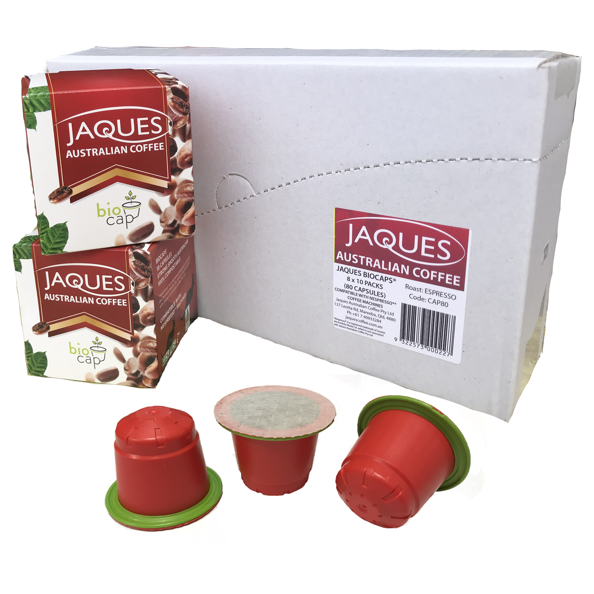 Jaques BioCaps coffee capsules for Nespresso machines, Australian Coffee brand, showing a pack of biodegradable coffee capsules.