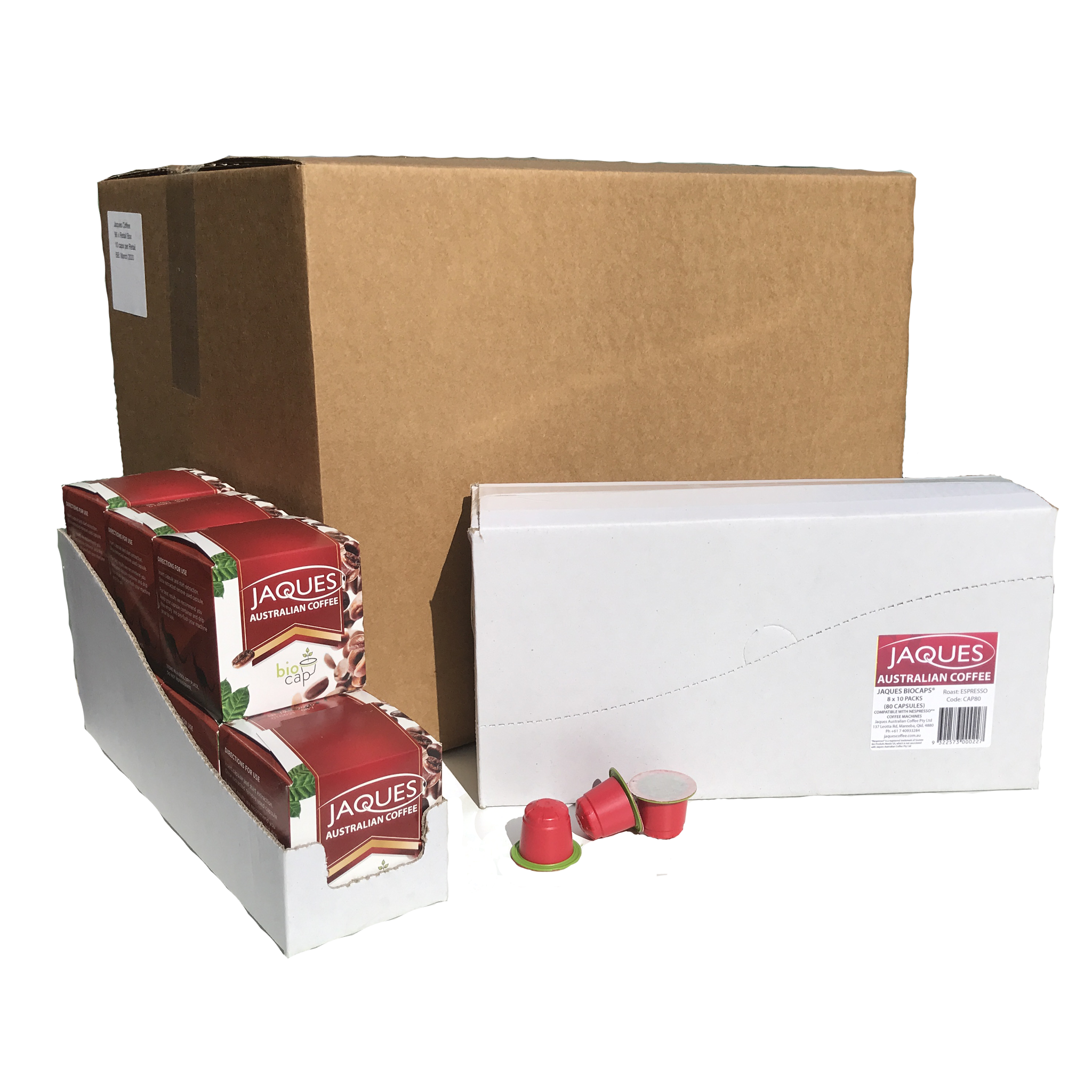 Jaques BioCaps capsules for Nespresso by Jaques Australian Coffee, eco-friendly coffee capsules in a sealed package.