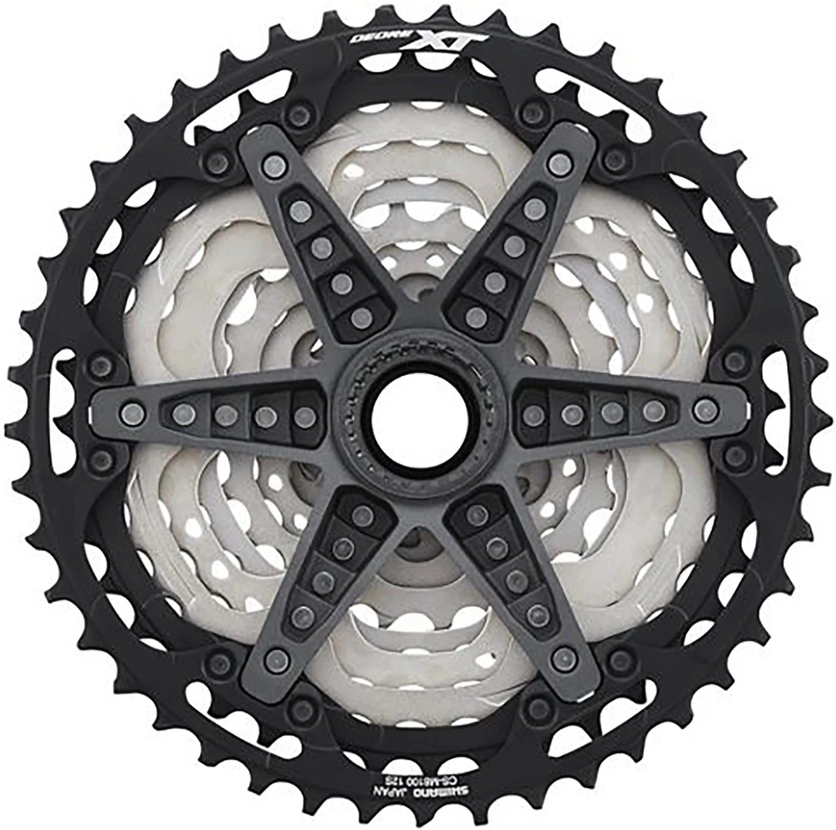 Shimano XT M8100 12-speed cassette with 10-45T gears, showcasing the black metal bike parts for mountain cycling.