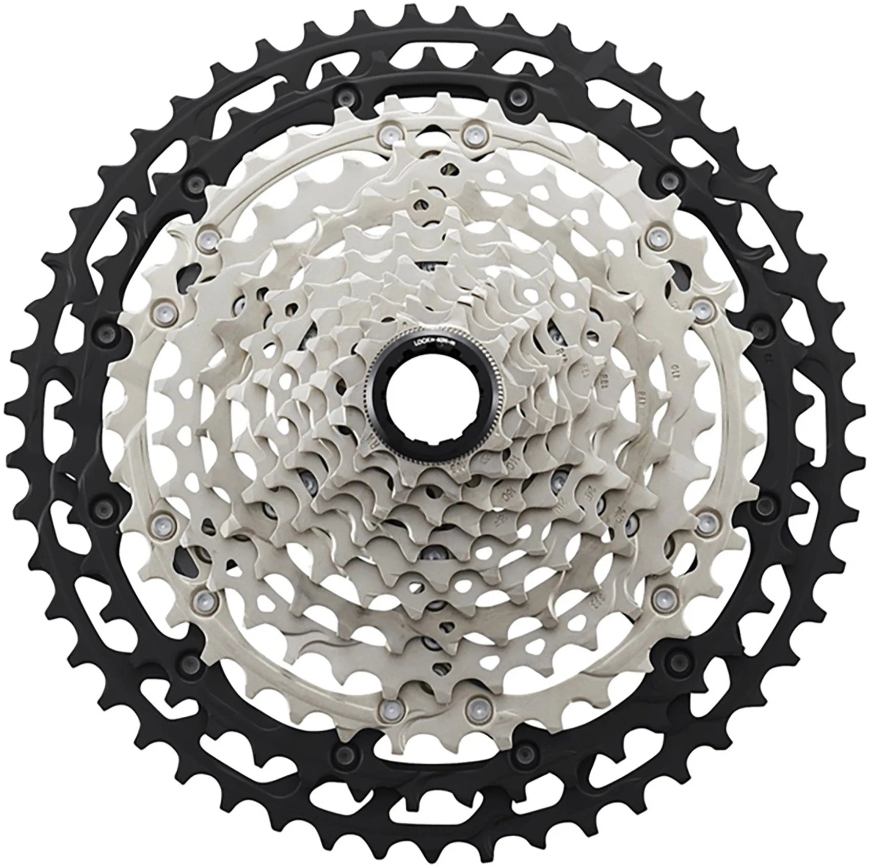 Shimano XT M8100 12-speed cassette with 10-51T gear range, featuring durable metal sprockets for mountain biking performance.