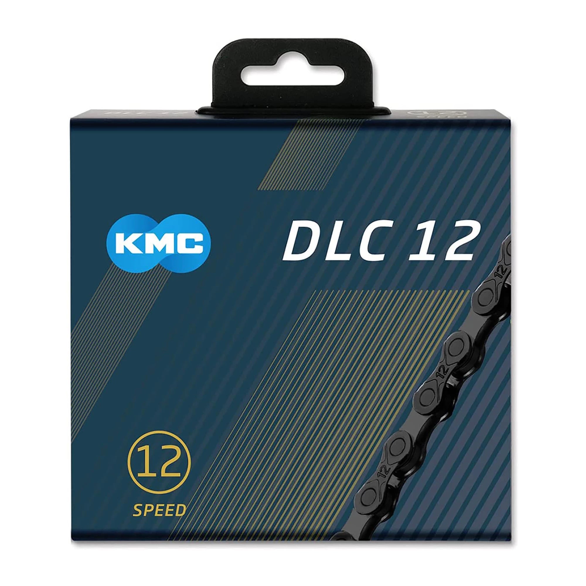 Black KMC DLC12 12-speed chain for bicycle drivetrain, showing the durable, high-performance chain in close-up detail.