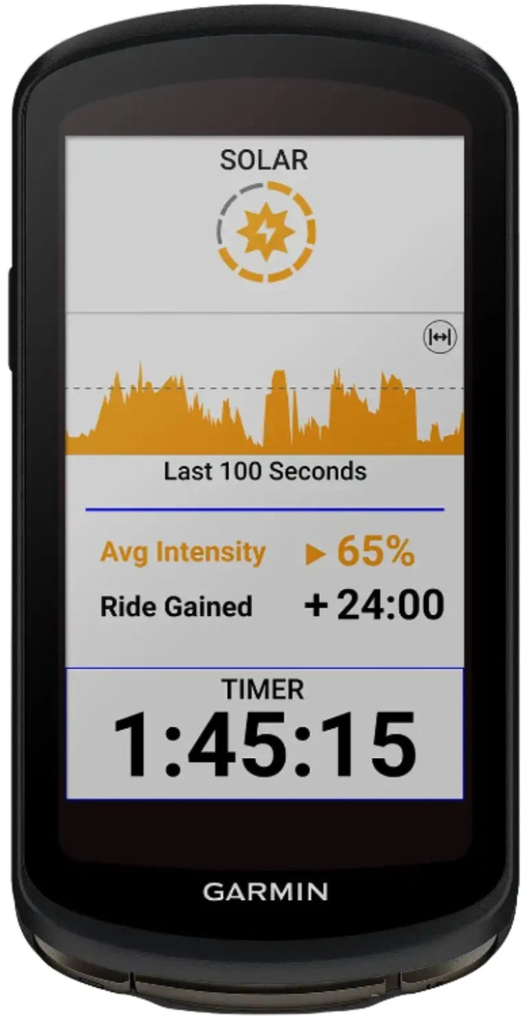 Garmin Edge 1040 Solar GPS cycling computer with heart rate monitor, showing screen display and sleek black design.