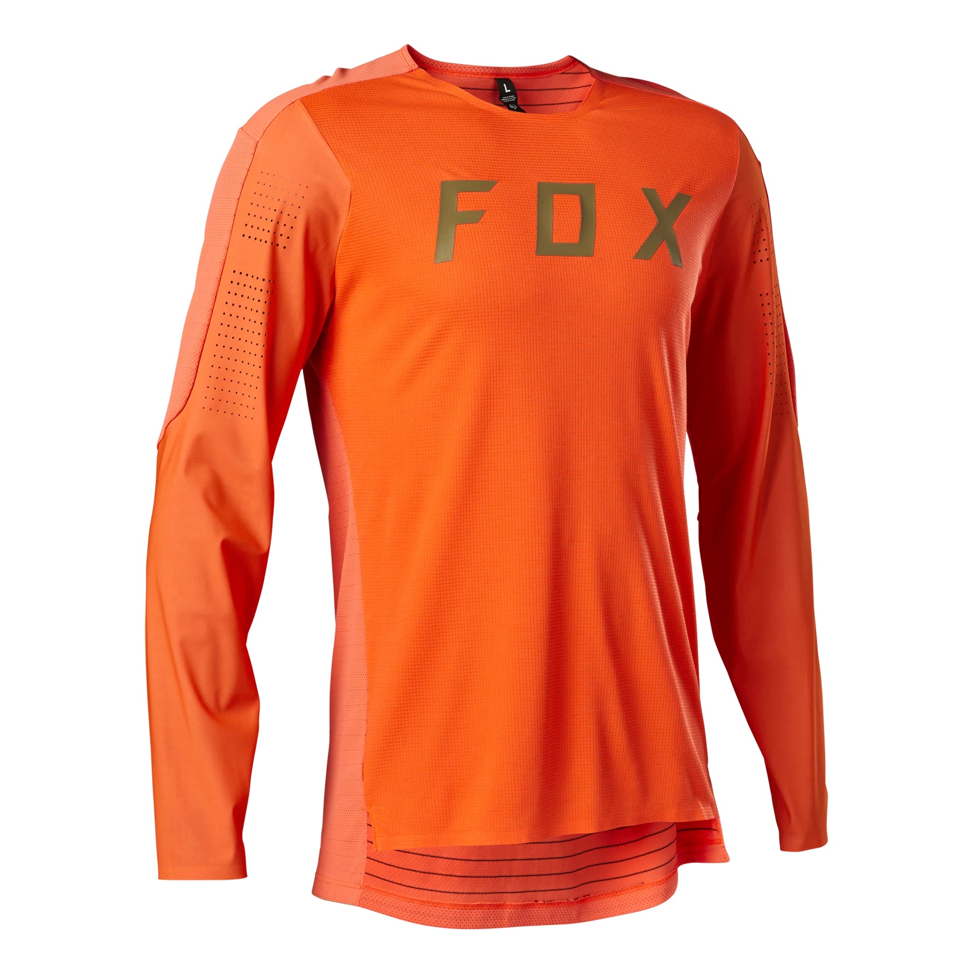 Men's Fox Flexair Pro LS MTB jersey in lightweight, breathable fabric with Fox logo and vibrant design, suitable for mountain biking.