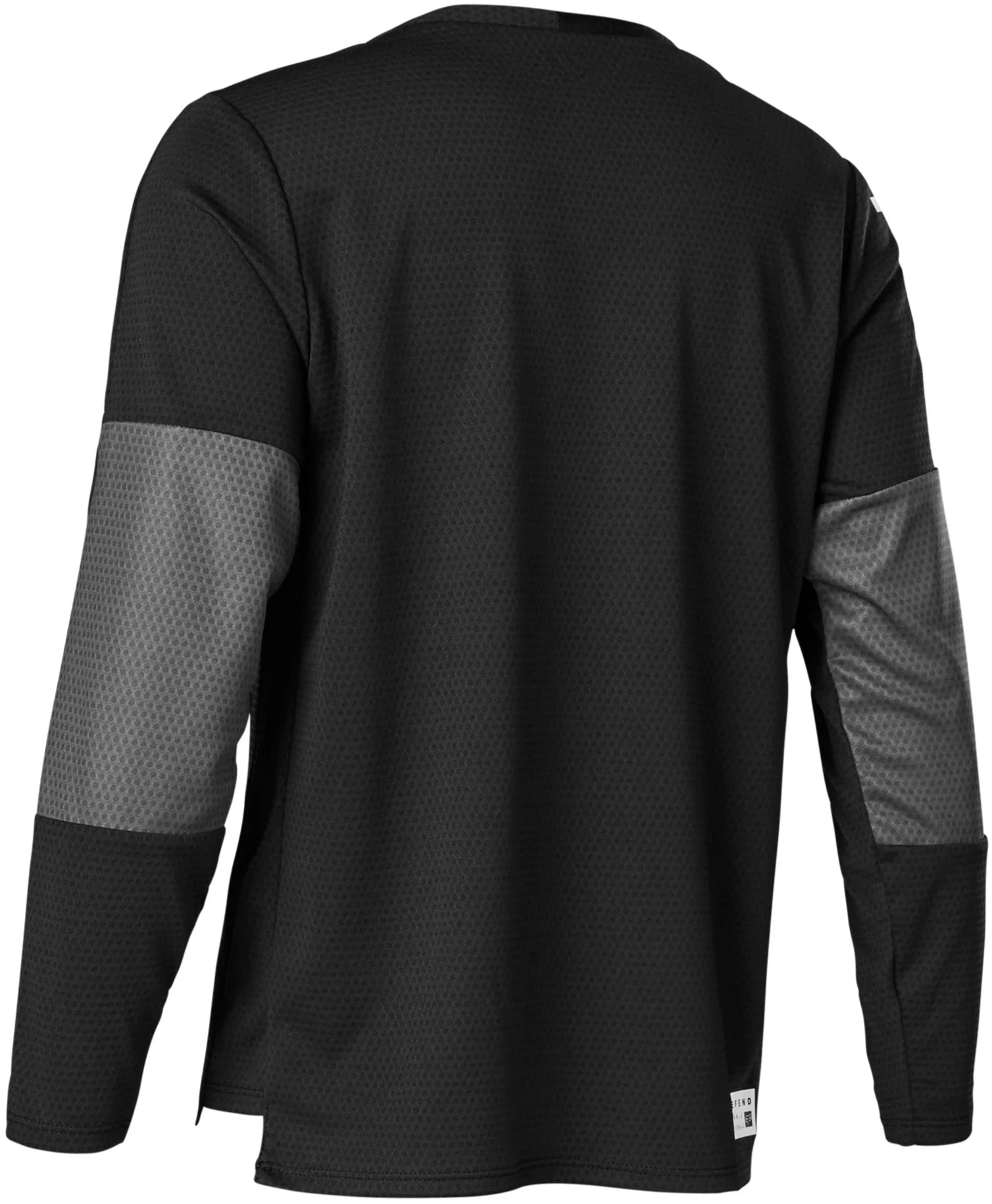 Youth Fox Defend LS MTB jersey in black, featuring long sleeves and Fox branding, designed for mountain biking comfort and protection.
