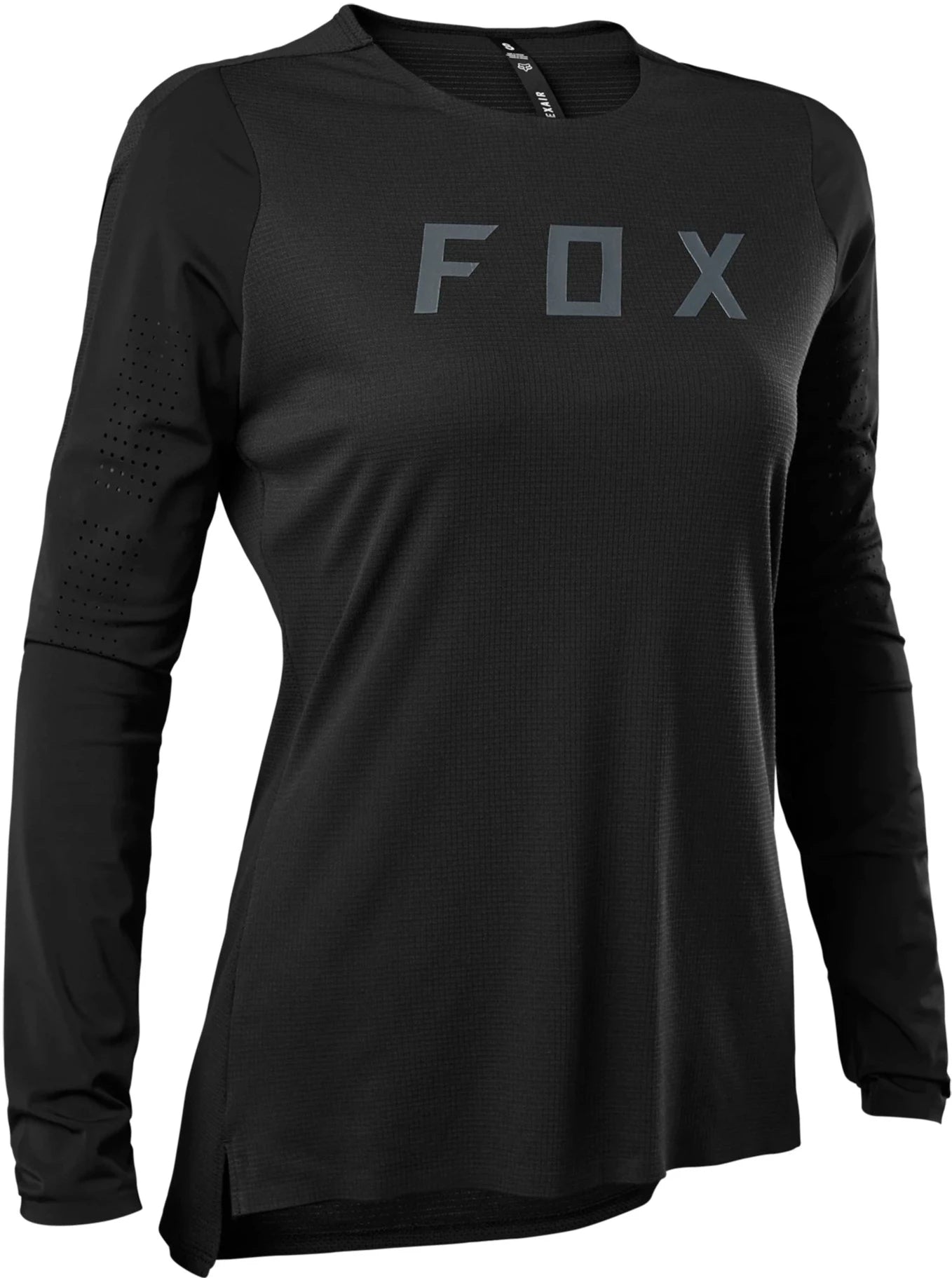 Fox Flexair Pro women's long-sleeve MTB jersey, lightweight and breathable cycling clothing with Fox branding and ergonomic fit.