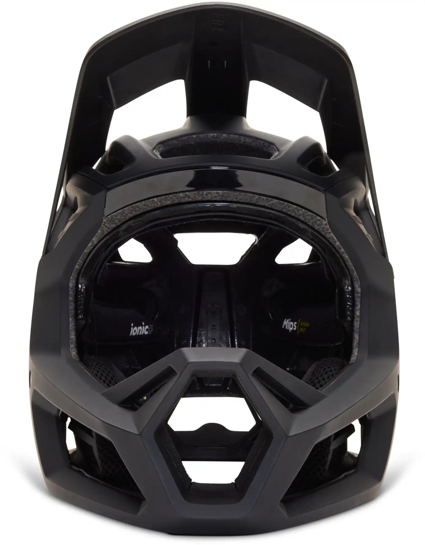 Fox Proframe RS MIPS full face helmet with visor and ventilation for mountain biking, shown in black with red accents.