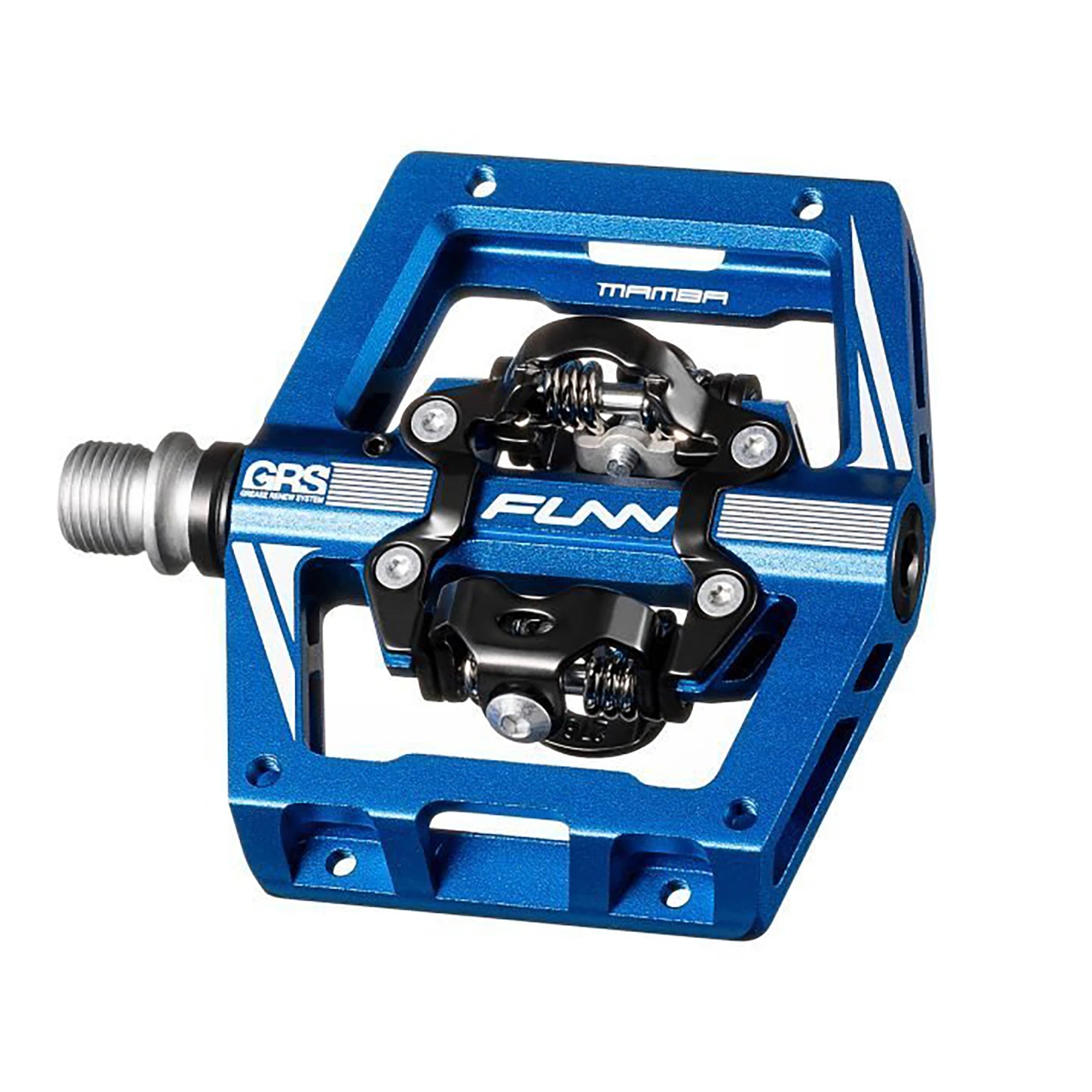 FUNN Mamba S Two Side SPD MTB pedals showing black and silver design with clip-in and flat pedal surfaces for mountain biking.
