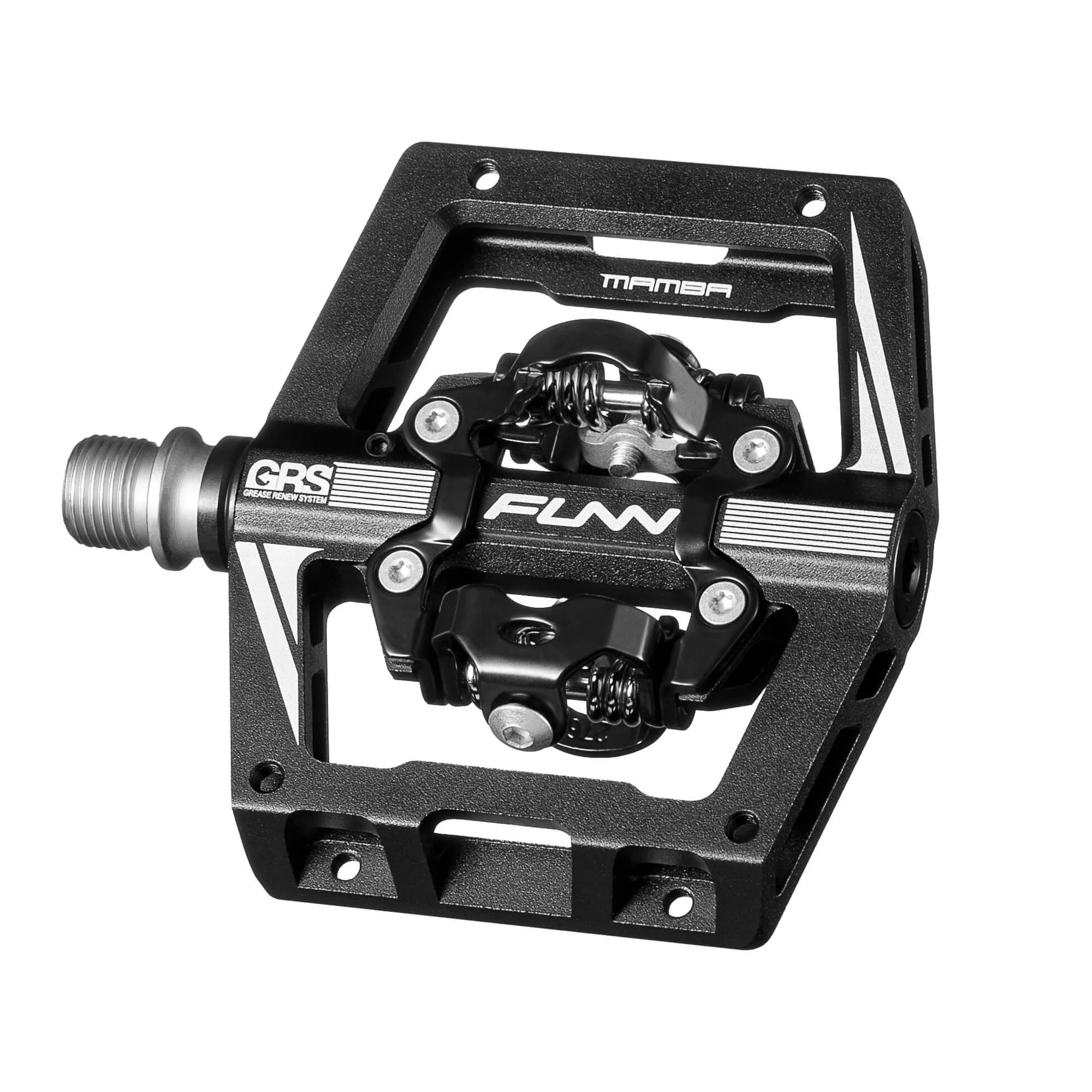 FUNN Mamba S Two Side SPD MTB pedals with metal body and clipless design for mountain biking, shown from side angle.