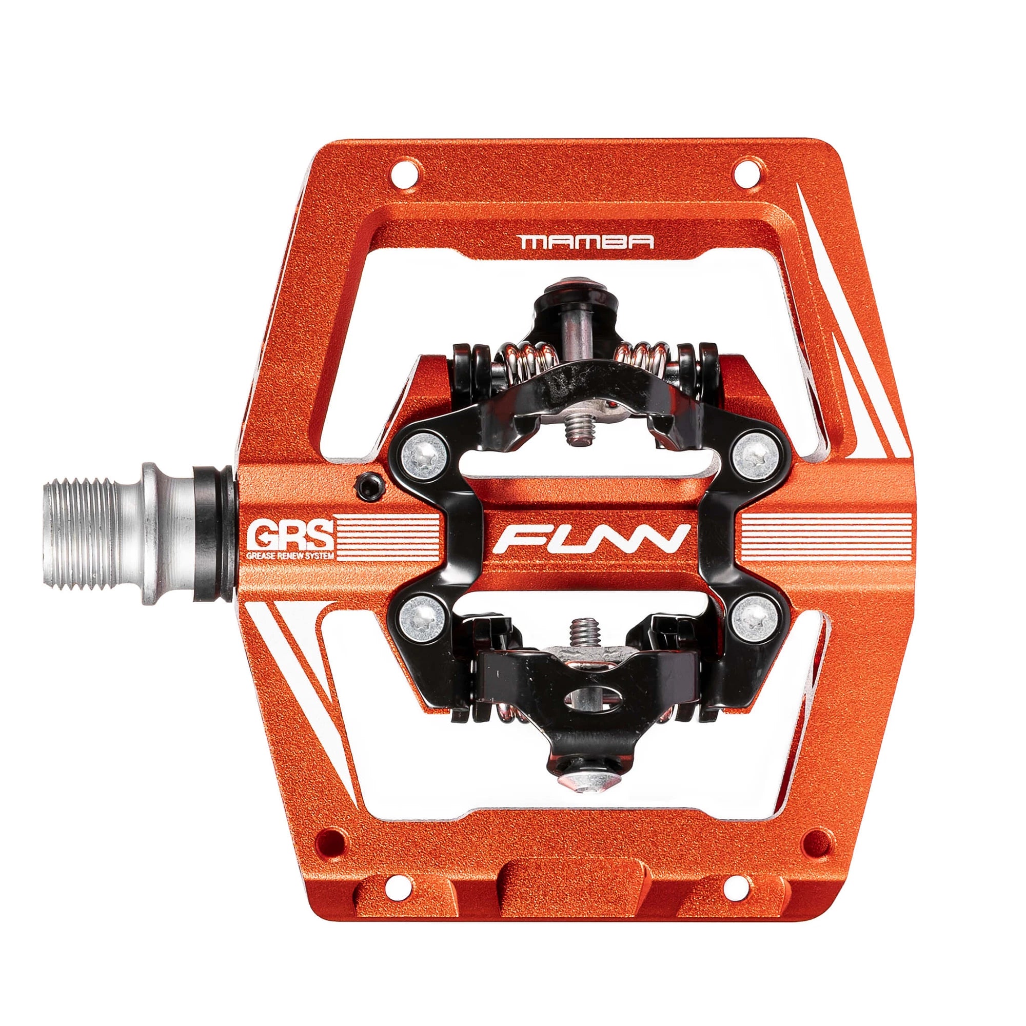 FUNN Mamba S Two Side SPD MTB pedal showing metal body, reflective reflectors, and clip-in cleat mechanism for mountain biking.