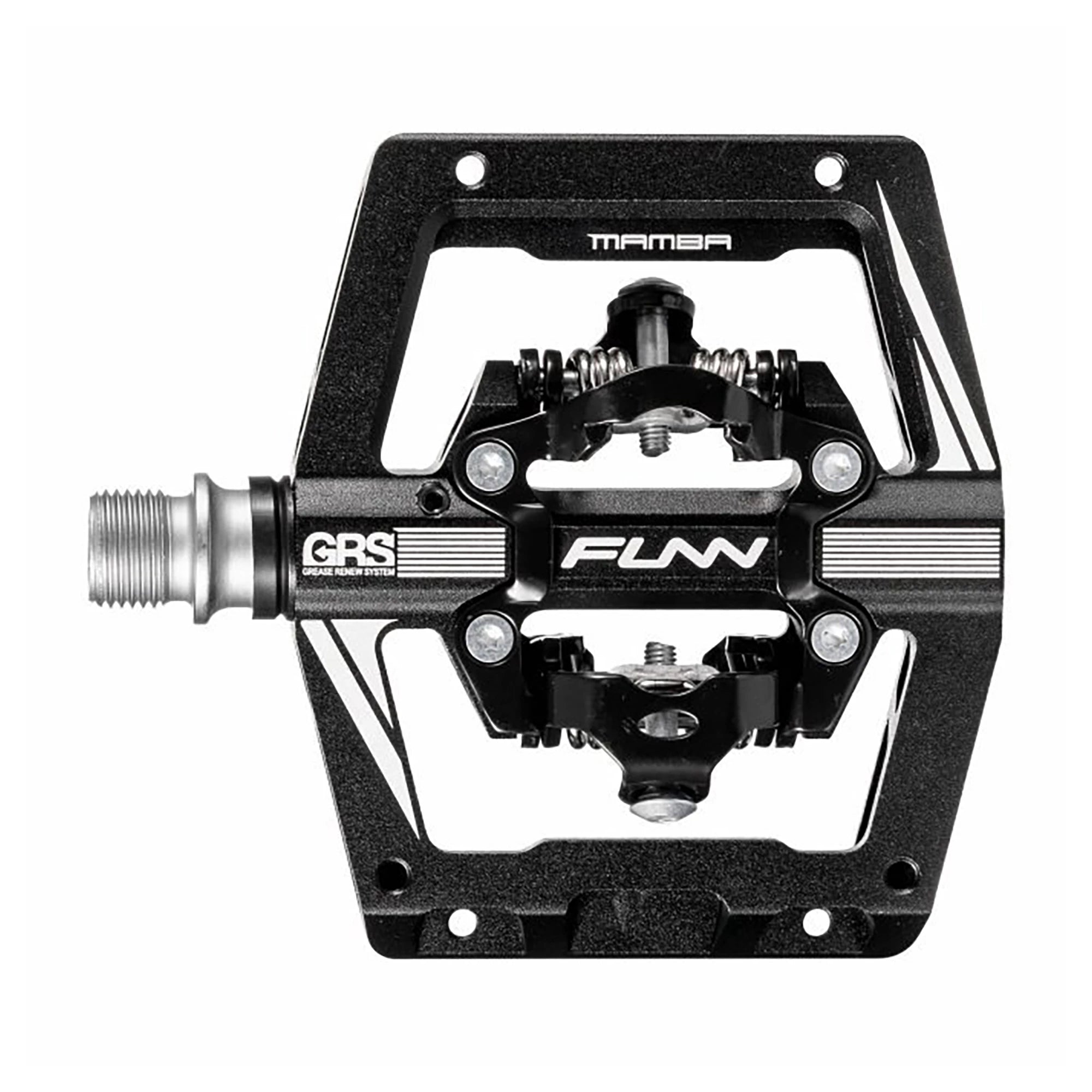 FUNN Mamba S two-sided SPD mountain bike pedals with durable black body and metal clips for secure cycling performance.