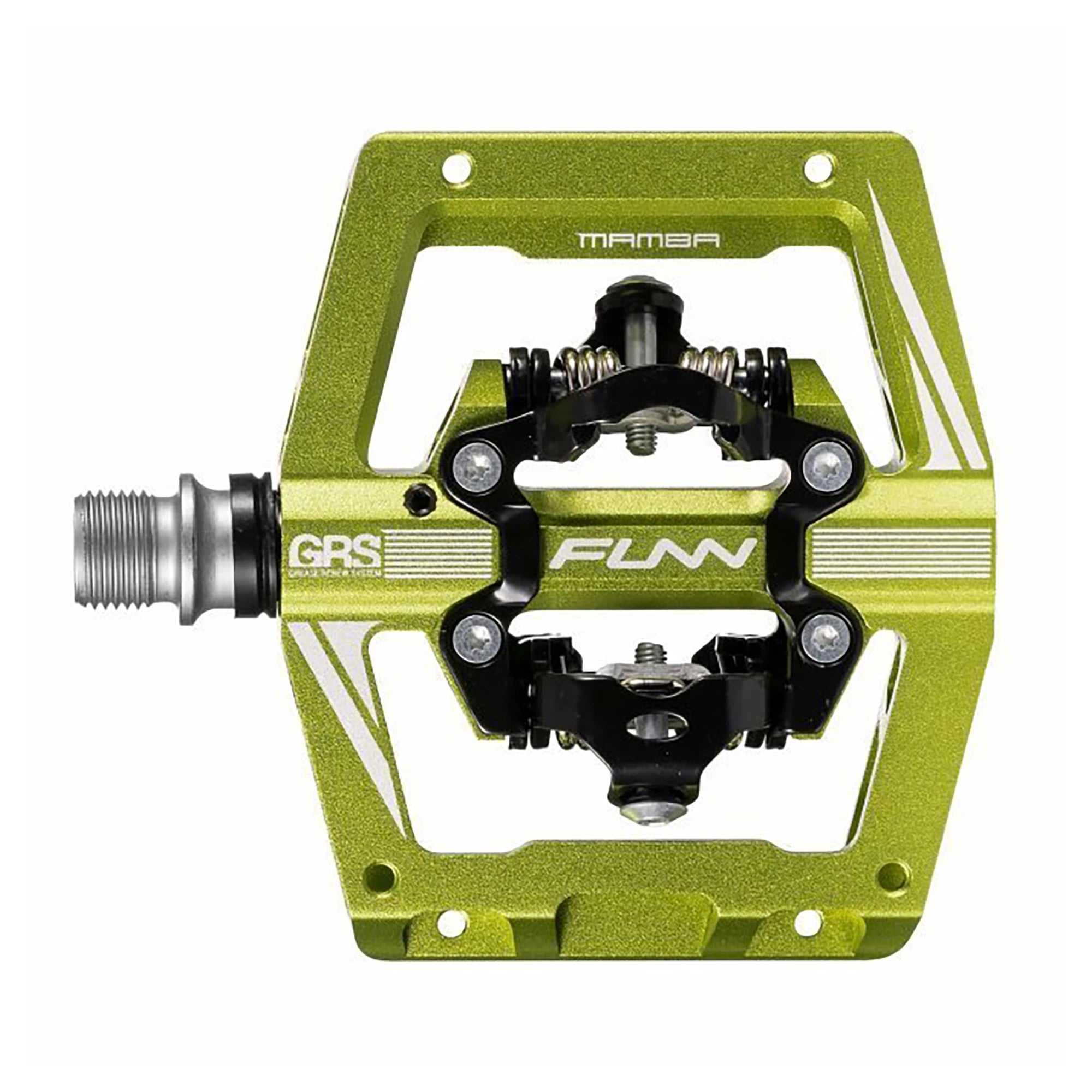 FUNN Mamba S Two Side SPD MTB pedals shown, durable black aluminum body with clip-in SPD mechanism for mountain biking.