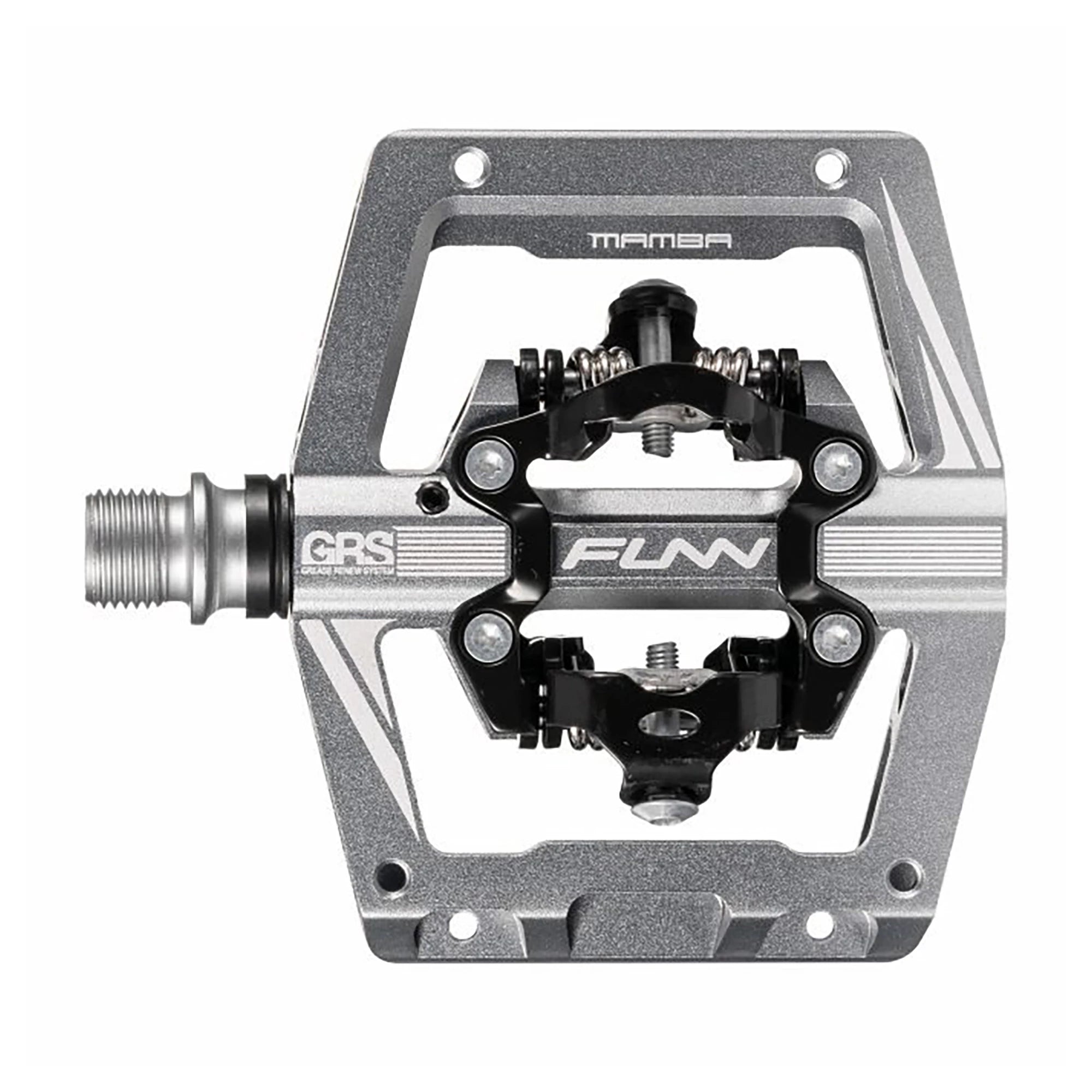 FUNN Mamba S Two Side SPD MTB pedals shown on black bike crank, featuring durable alloy body and clipless pedal design for mountain biking.