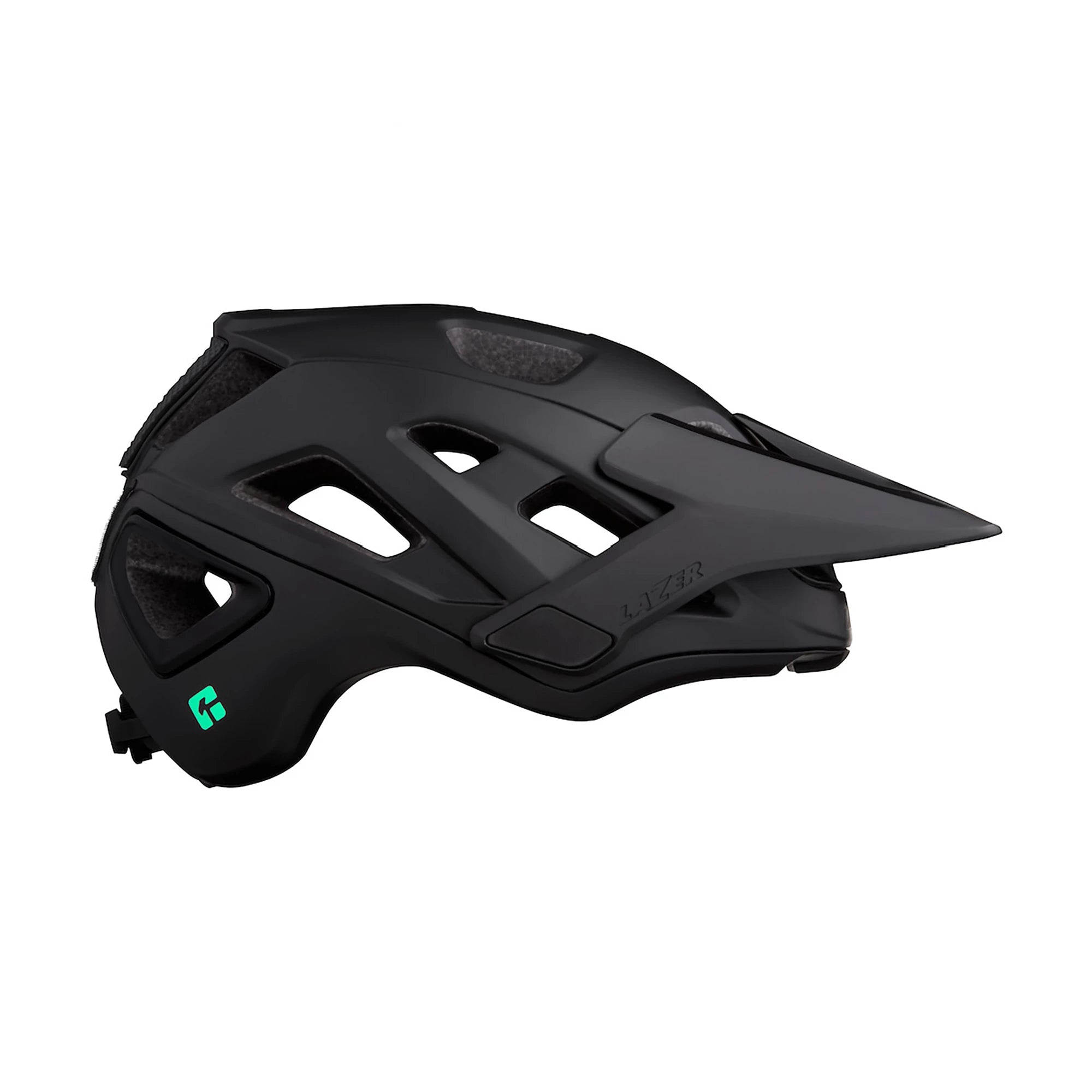 Black Lazer Jackal KinetiCore MTB helmet with adjustable straps and ventilation for mountain biking safety and comfort.