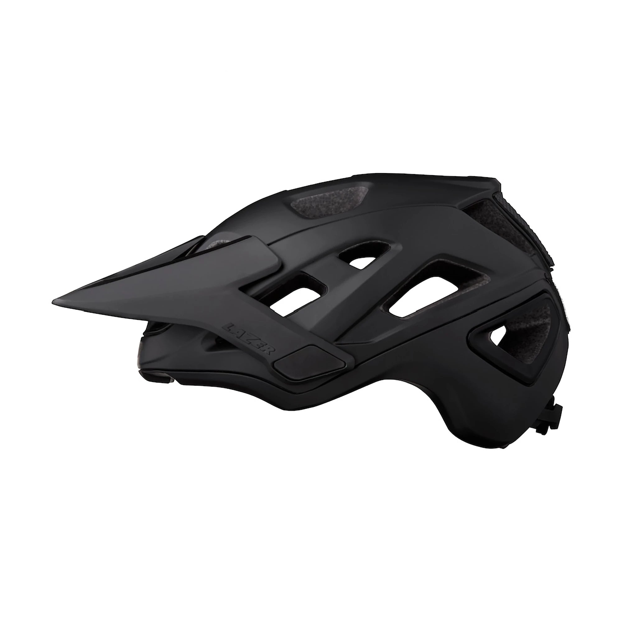 Lazer Jackal KinetiCore MTB helmet in black, showing its aerodynamic design and adjustable strap system for mountain biking.