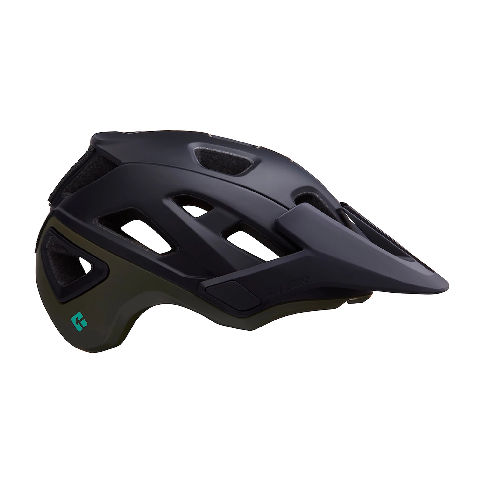 Lazer Jackal KinetiCore MTB helmet in matte blue-green with adjustable straps and ventilation for mountain biking.