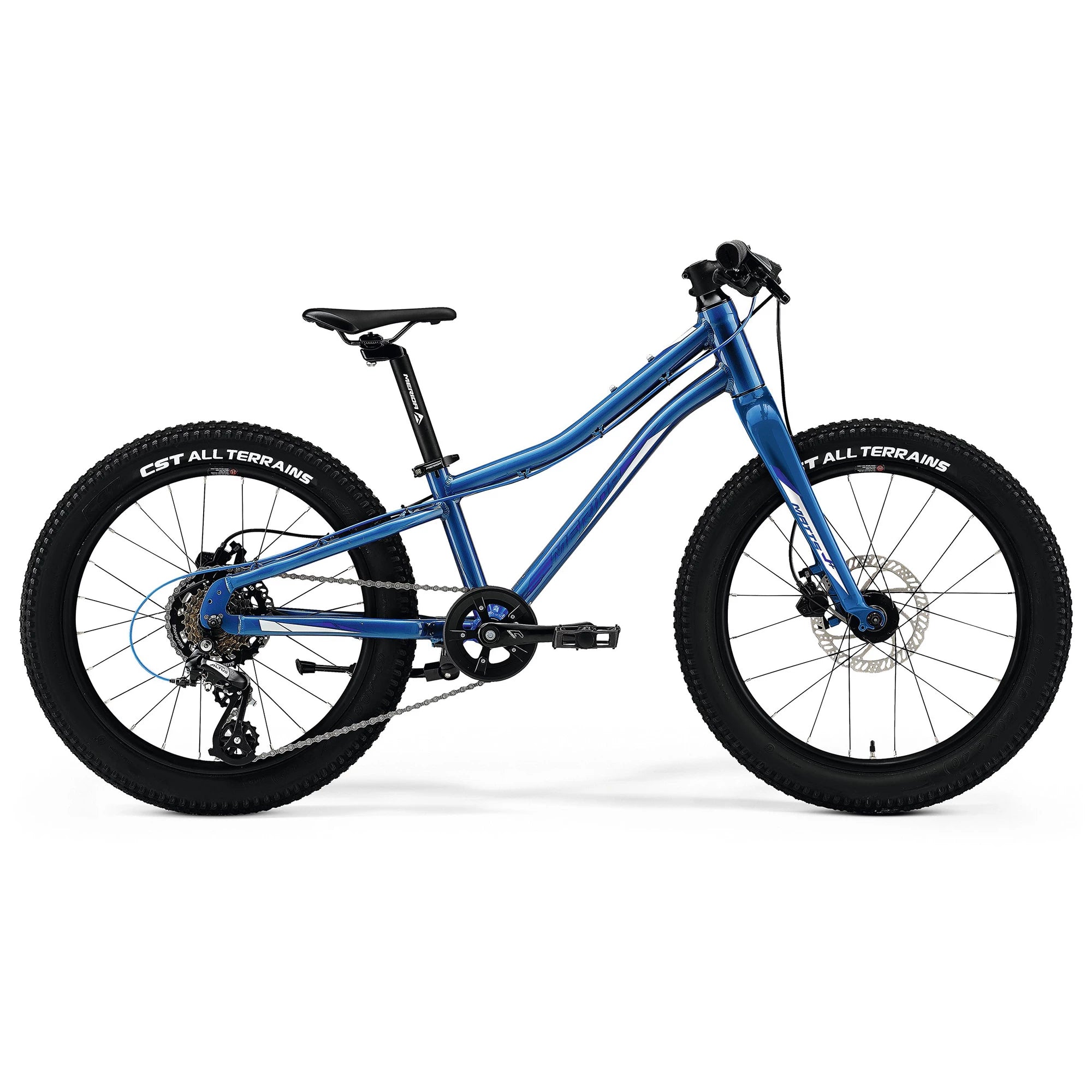 Blue and white 2022 Merida Matts J20+ disc kids' bike with sturdy frame and disc brakes, designed for young riders.