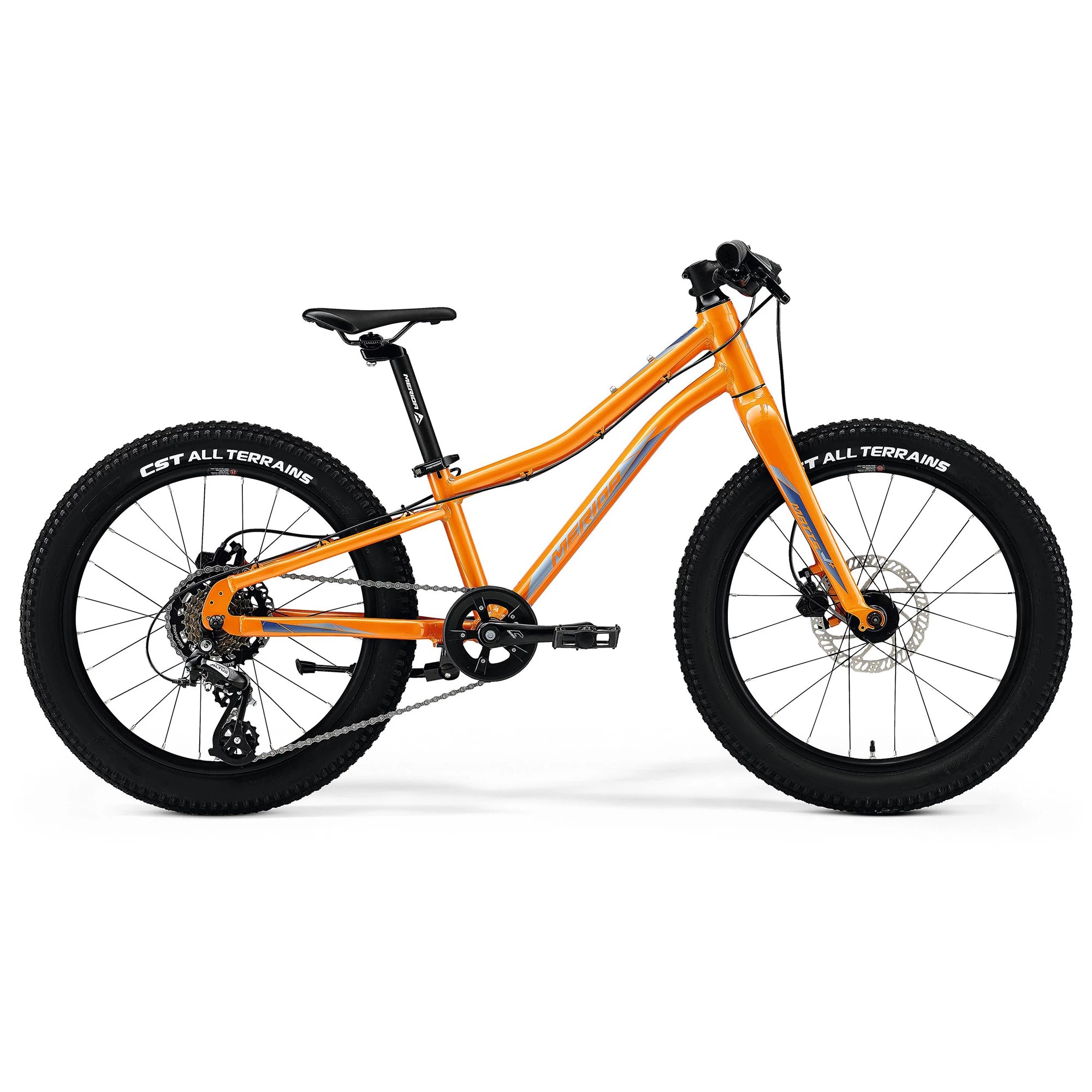 Yellow and black Merida Matts J20+ Disc kids' mountain bike with front suspension and disc brakes, designed for young riders.