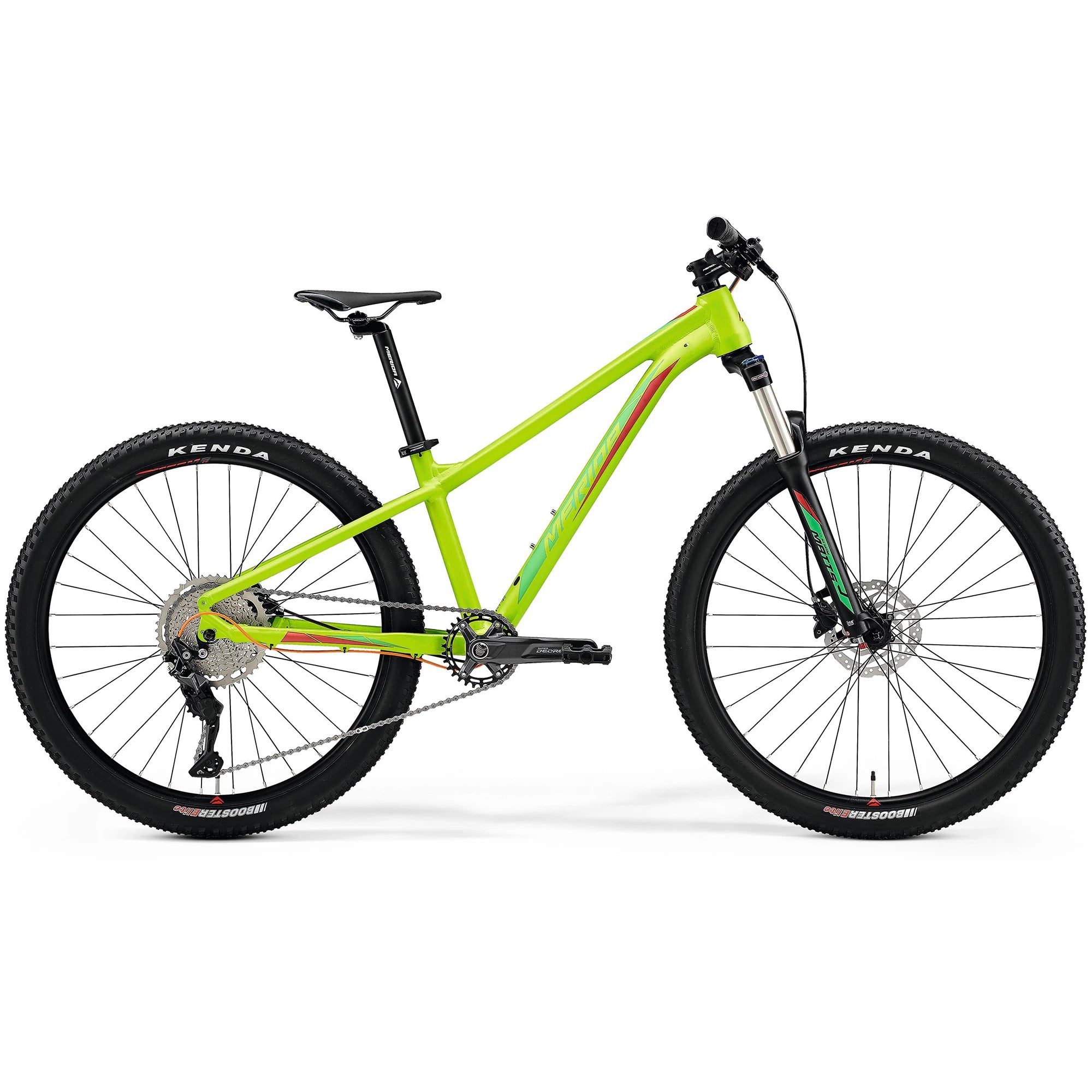 Green and red Merida Matts J Champion kids bike with sturdy frame and thick tires, designed for young riders and outdoor adventures.