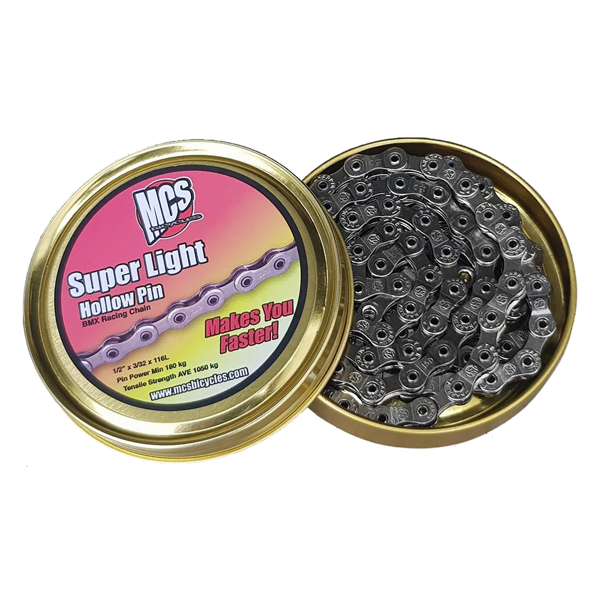 MCS Superlight BMX chain showing silver metal links and branding details for BMX bike parts.