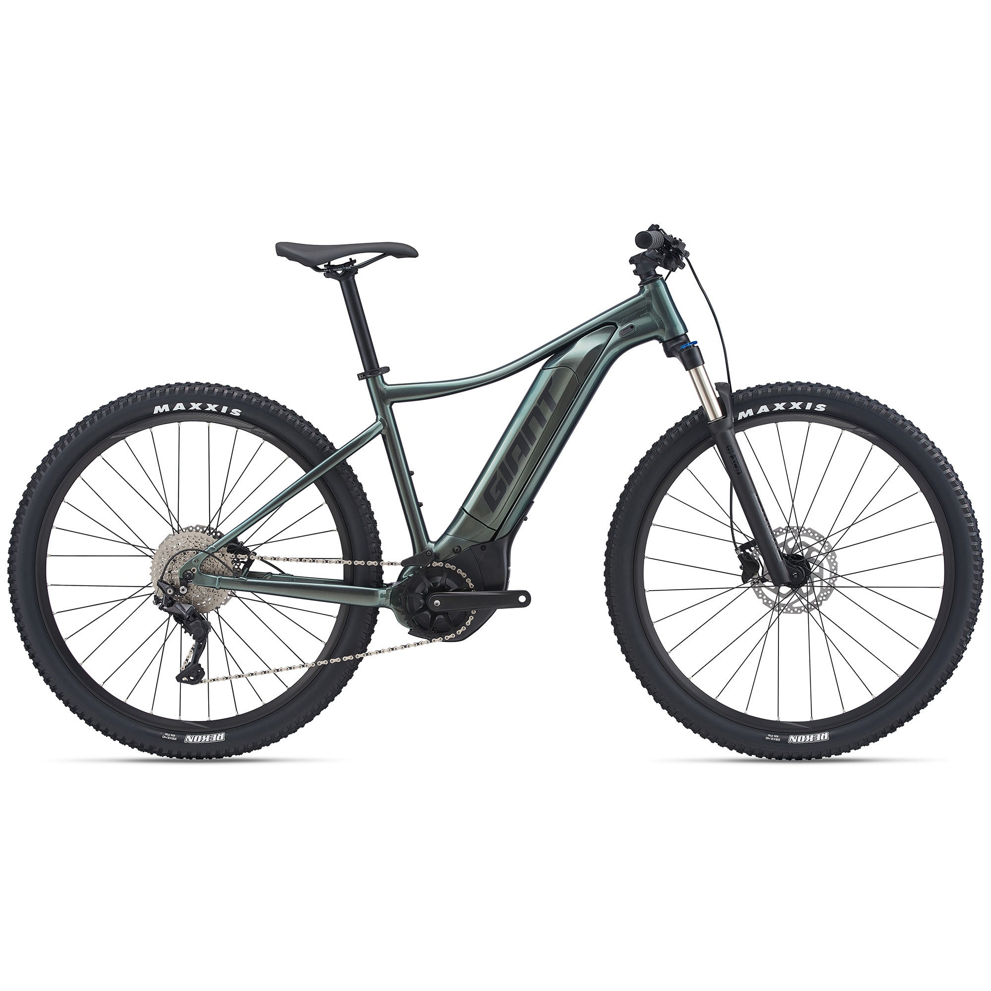 Giant 2022 Talon E+ 1 electric mountain bike in Balsam Green, featuring a lightweight frame and off-road tires.