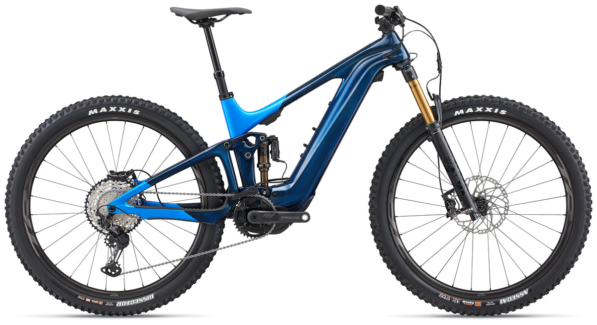 Giant 2022 Trance X Advanced E+ 0 electric mountain bike with metallic navy frame and advanced suspension system.