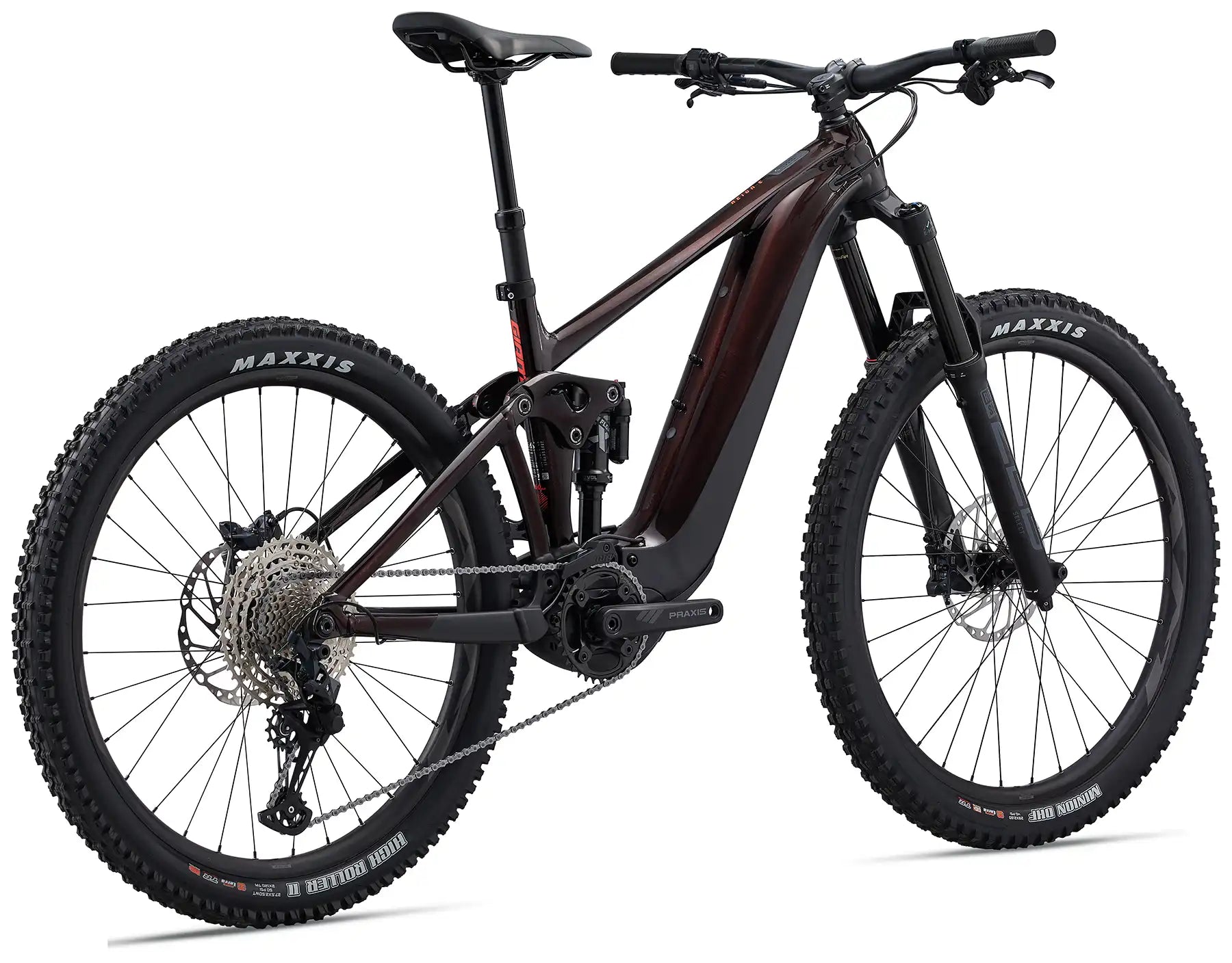 Giant 2023 Reign E+ 2 electric mountain bike with Cordovan color, rear view showcasing the bike's frame and rear wheel.