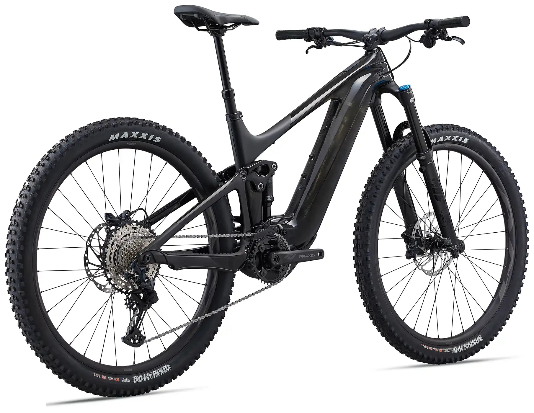 Giant 2023 Trance X Advanced E+ 2 e-bike in carbon smoke color, showing rear view with suspension and sleek frame design.