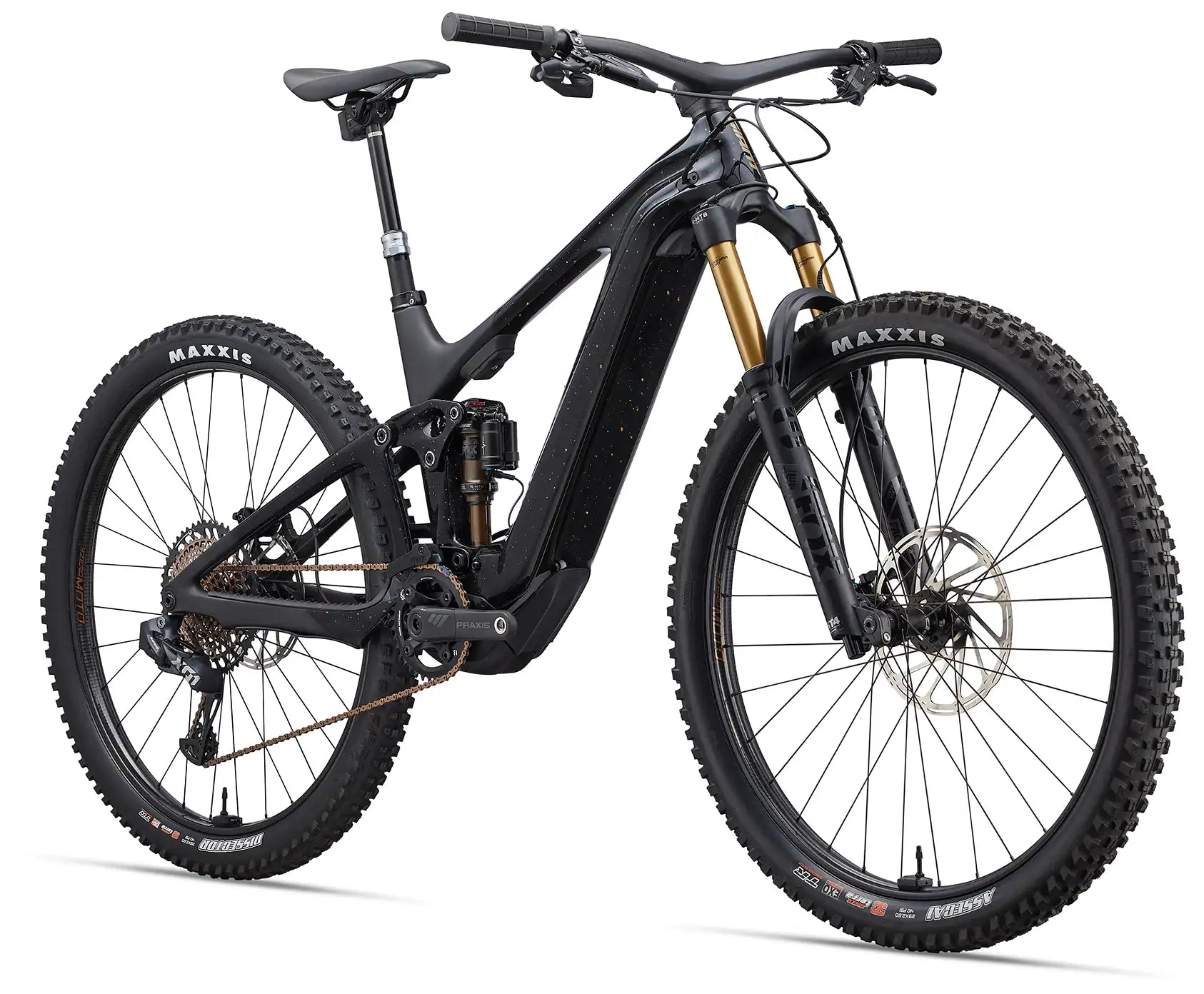 Giant 2023 Trance X Advanced E+ LTD e-bike with Kashima Flake color, front view showing sleek frame and suspension.