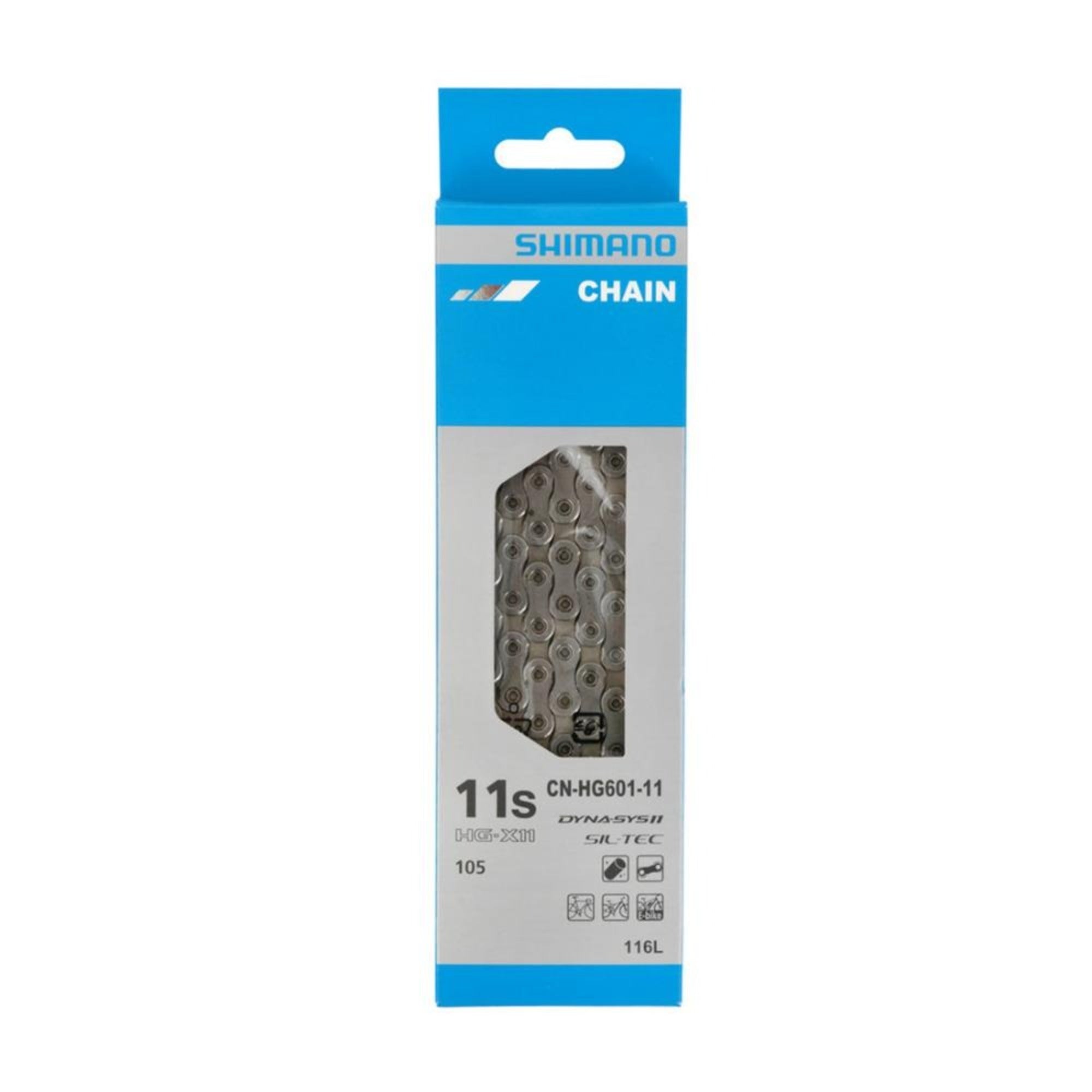 Shimano HG601 11-speed bike chain, durable parts for road or mountain bike, shown in close-up with silver links and branding.