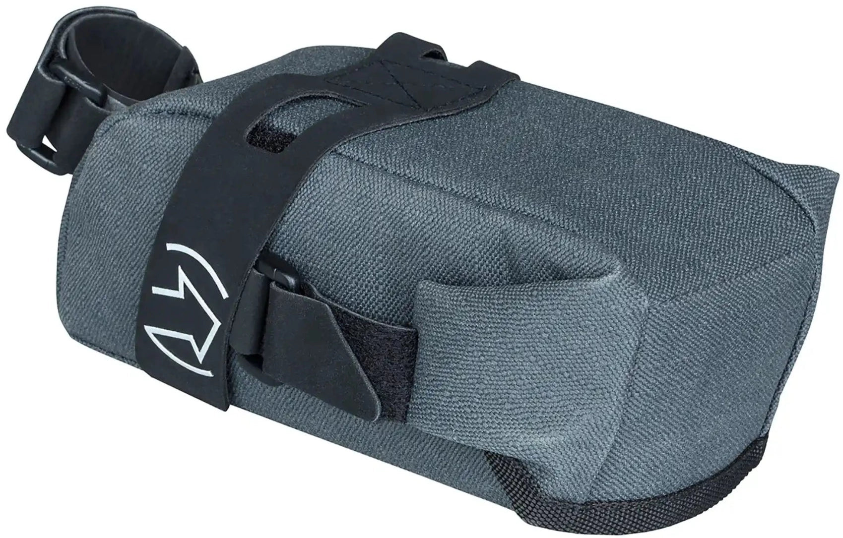 PRO Discover Gravel Saddle Bag attached to a bicycle seat, compact and durable bike accessory for carrying essentials.