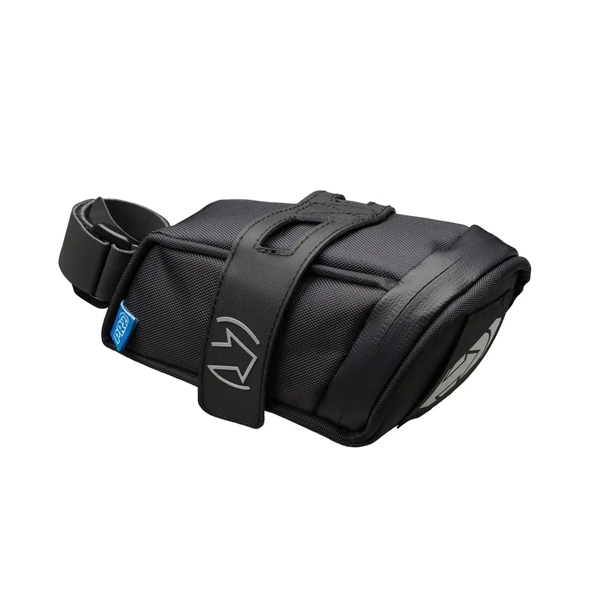 Close-up of the PRO Performance Saddle Bag attached to a bicycle, showing its sleek design and durable accessories.