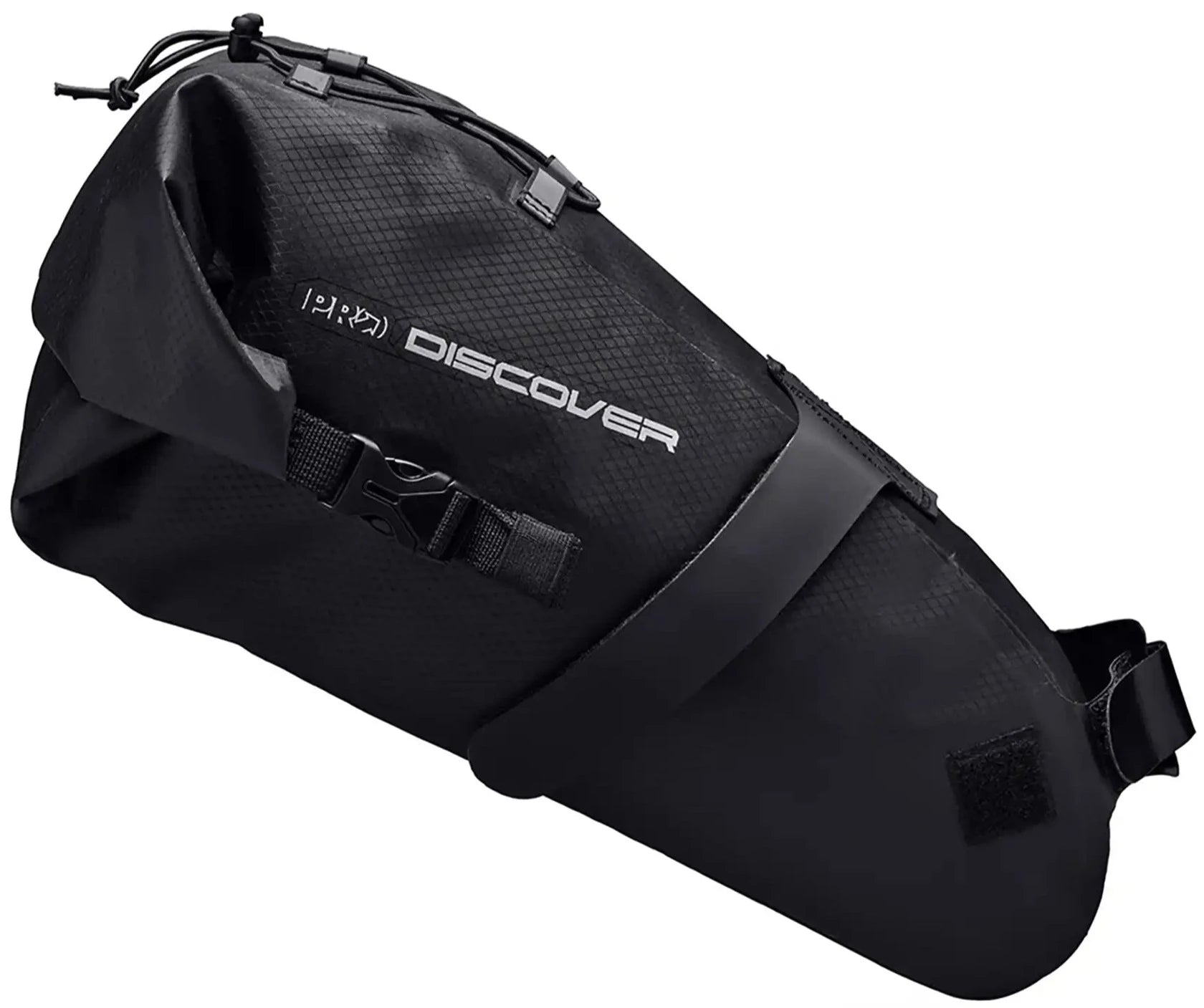 PRO Discover Team gravel seatpost bag attached to bike seatpost, durable cycling accessories for gear storage on gravel rides.