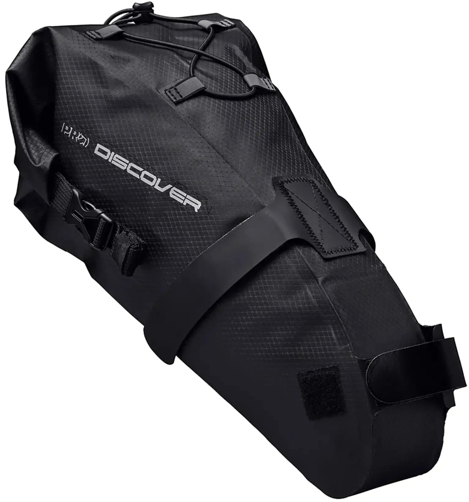 PRO Discover Team gravel seatpost bag attached to a bicycle, showcasing durable accessories for bike storage and organization.