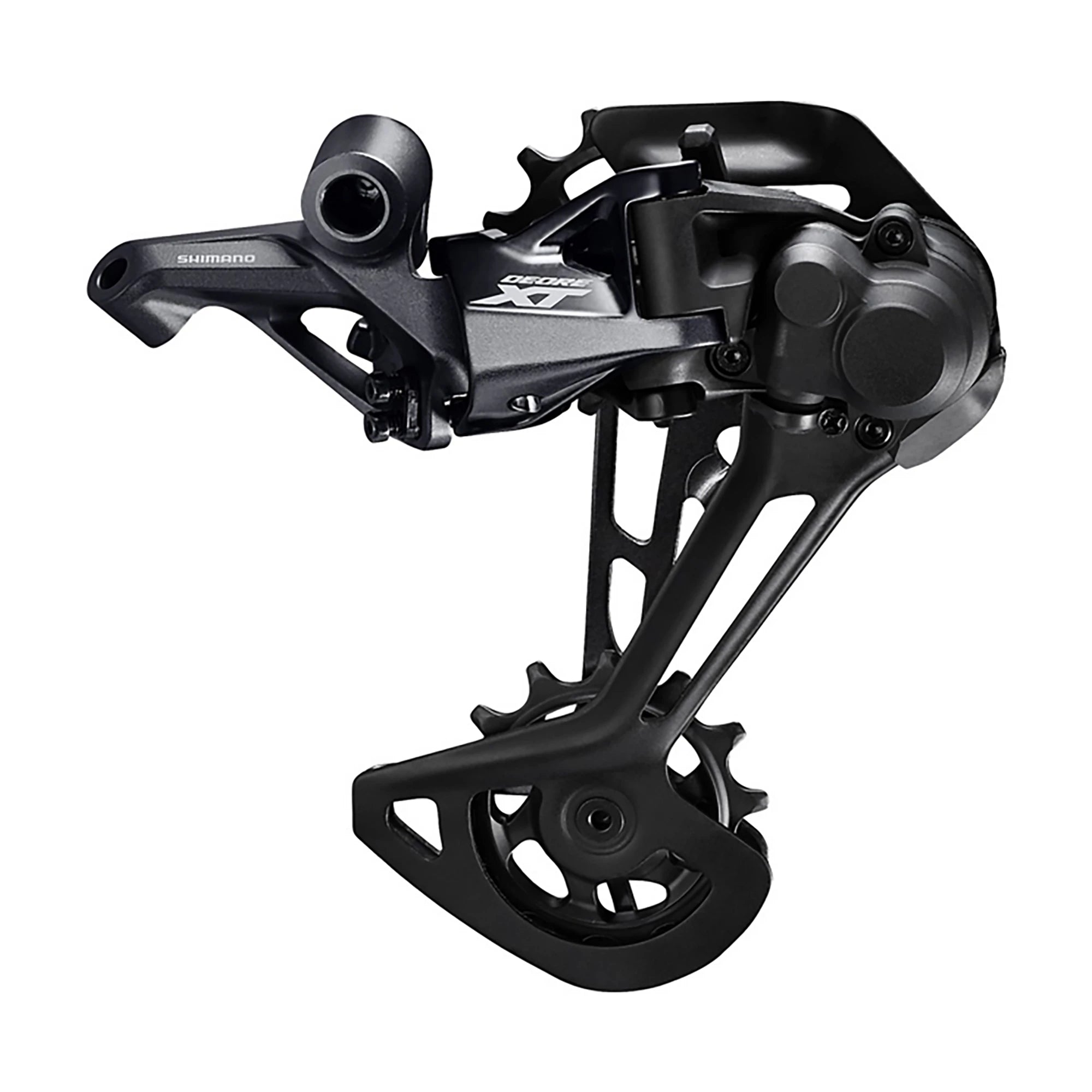 Shimano XT M8100 Shadow+ 12-speed rear derailleur for mountain bikes, showing the black and silver component with mounting hardware.